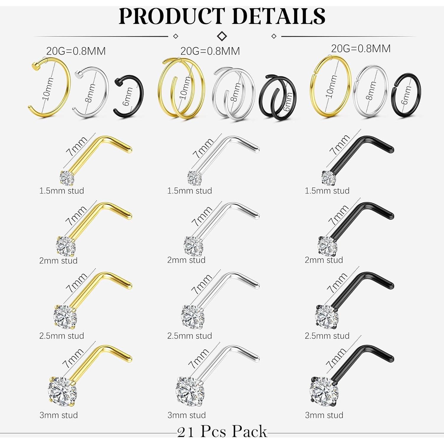 Aros Nasales 21Pcs LOYALLOOK Acero Quirúrgico Hipoalergénicos