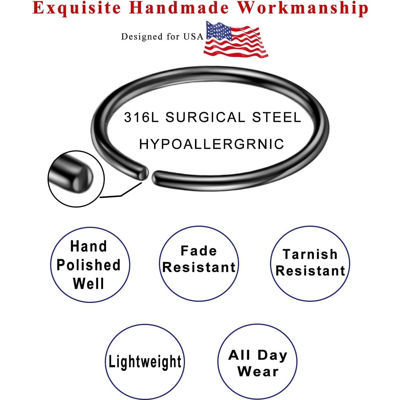 Pendientes de Aro Oro Plata Rosa Negro 18G 8mm Set de 2