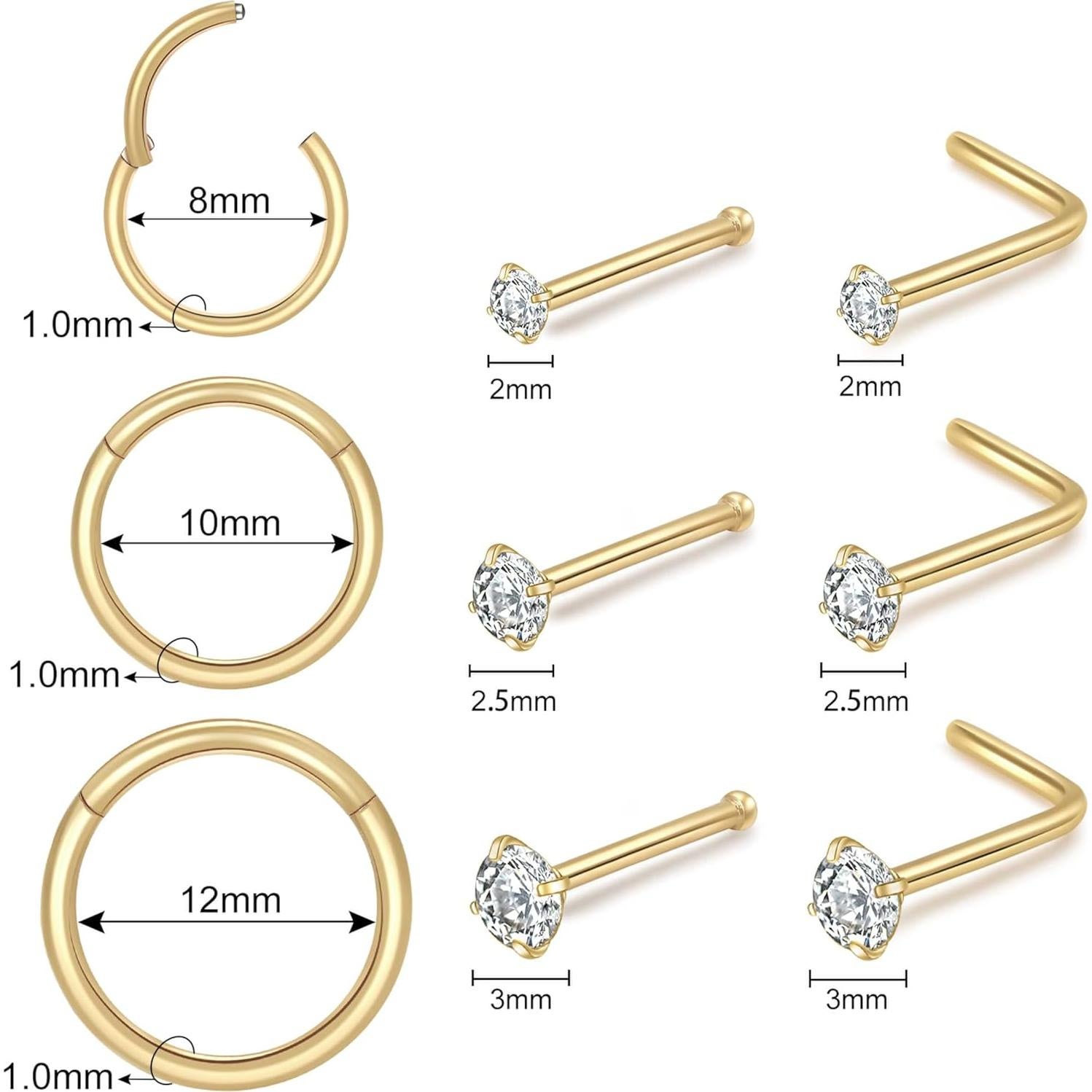 Anillo de Nariz Acero Quirúrgico Hipoalergénico 9pcs 18G