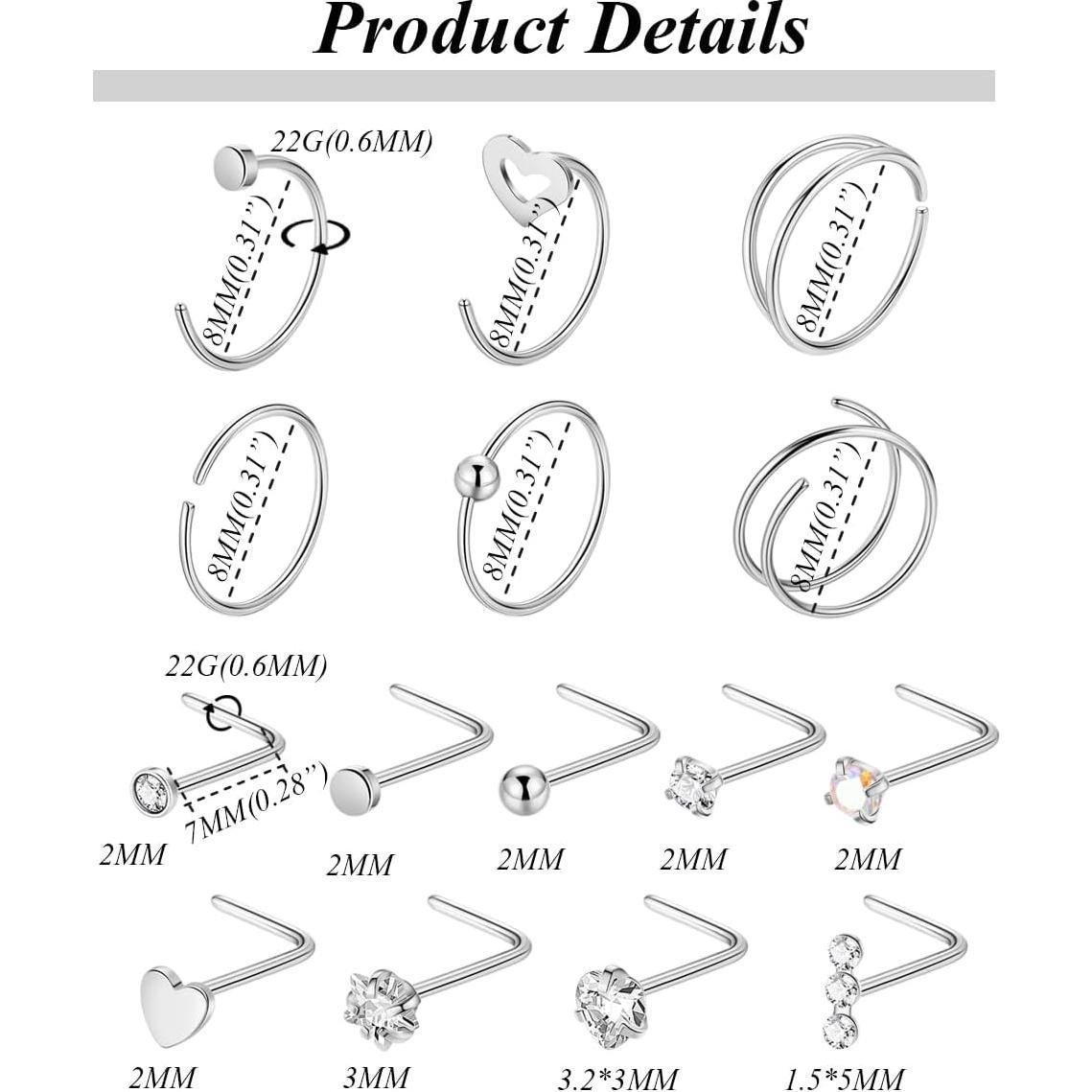 21 Anillos de Nariz Acero Inoxidable 316L Vegolita 22G Hipoalergénicos