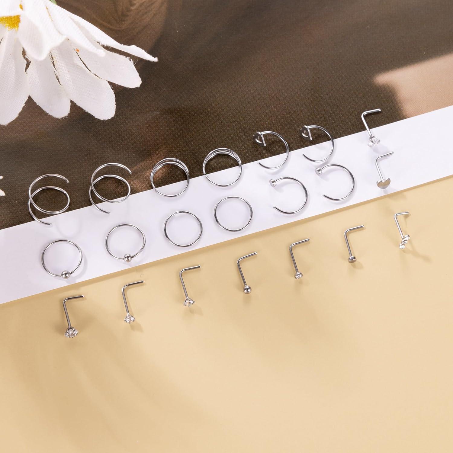 21 Anillos de Nariz Acero Inoxidable 316L Vegolita 22G Hipoalergénicos