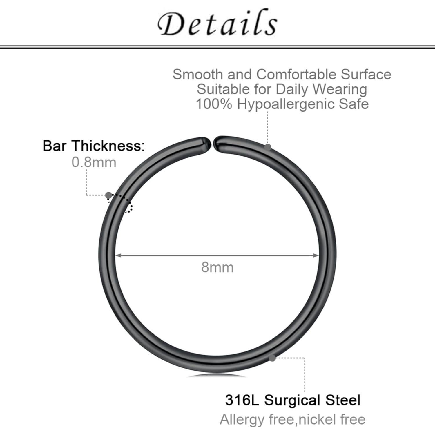 Aros y Studs para Nariz TOKRING 20G Acero Quirúrgico 12 Piezas