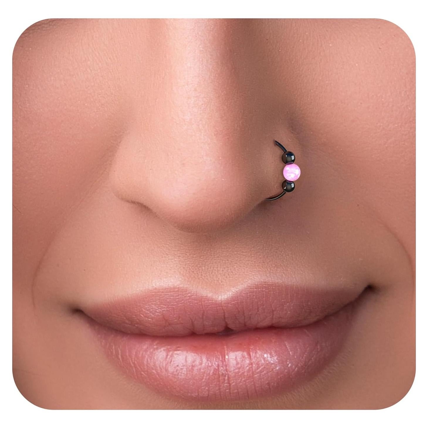 Anillo de Nariz Plata 925 con Ópalo Rosa 8mm 20G Hipoalergénico