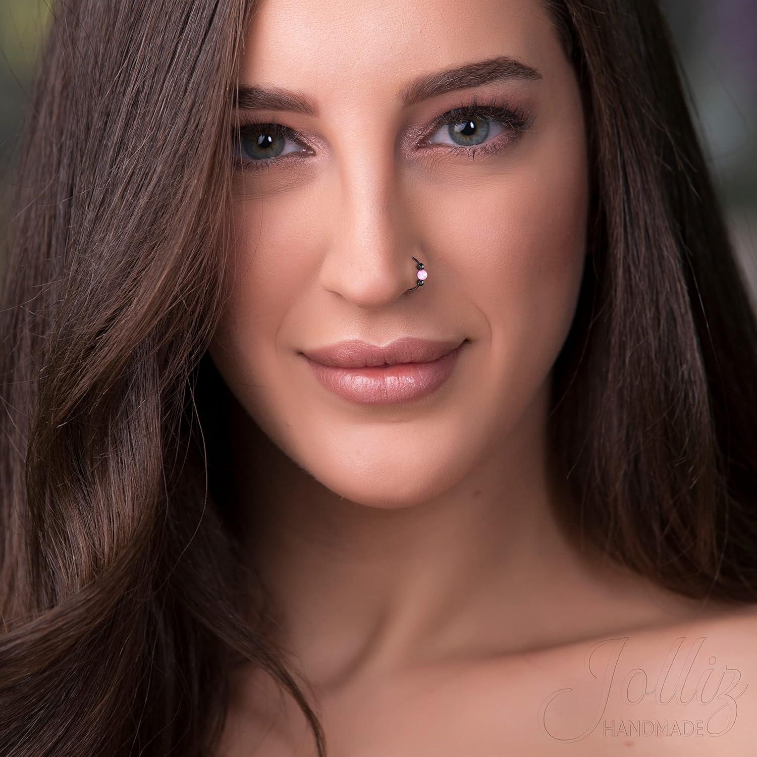 Anillo de Nariz Plata 925 con Ópalo Rosa 8mm 20G Hipoalergénico