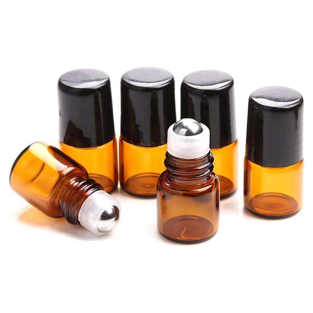 Botellas de vidrio ámbar 1ml con rodillo y tapas negras - 25 unidades