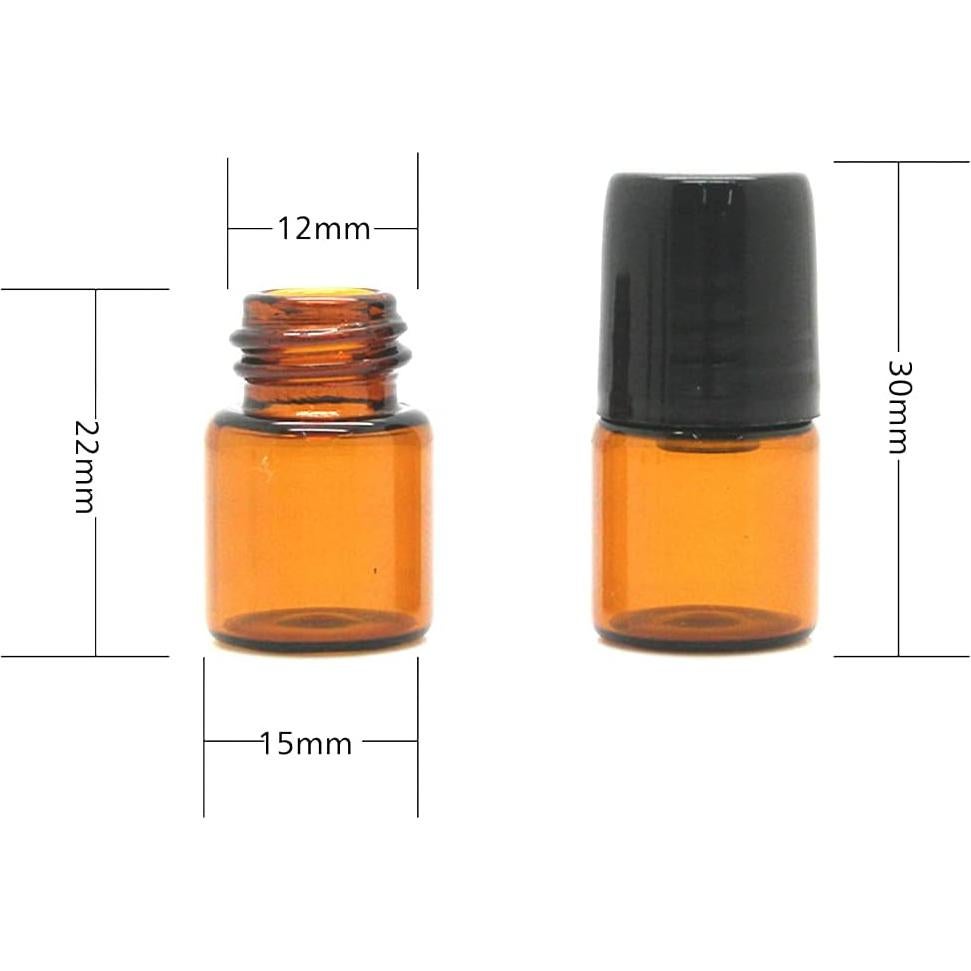 Botellas de vidrio ámbar 1ml con rodillo y tapas negras - 25 unidades