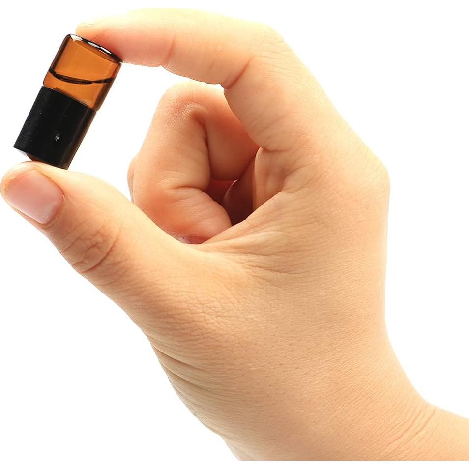 Botellas de vidrio ámbar 1ml con rodillo y tapas negras - 25 unidades