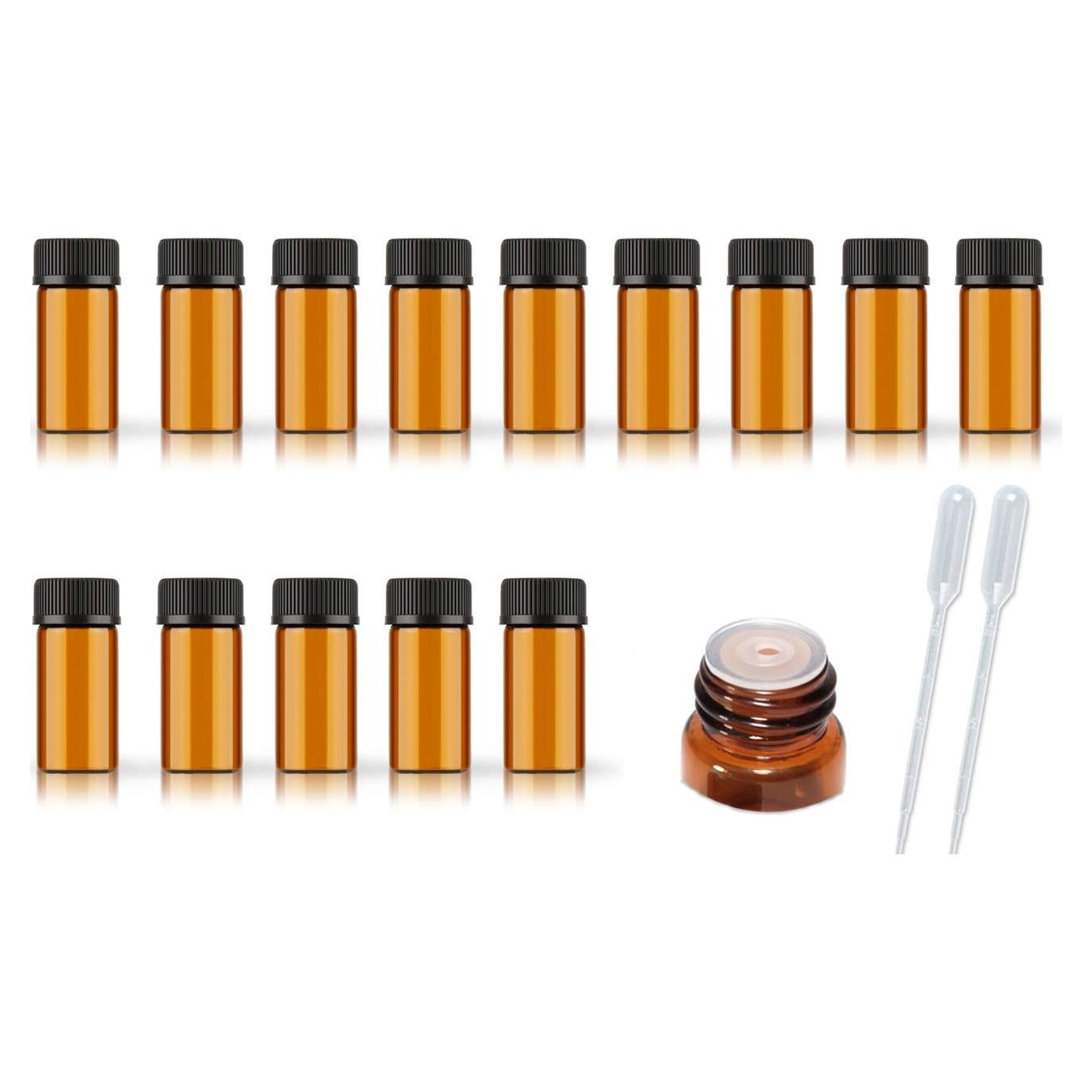 Set de 50 Botellas de Vidrio Ámbar 3ml con Tapa y Pipetas
