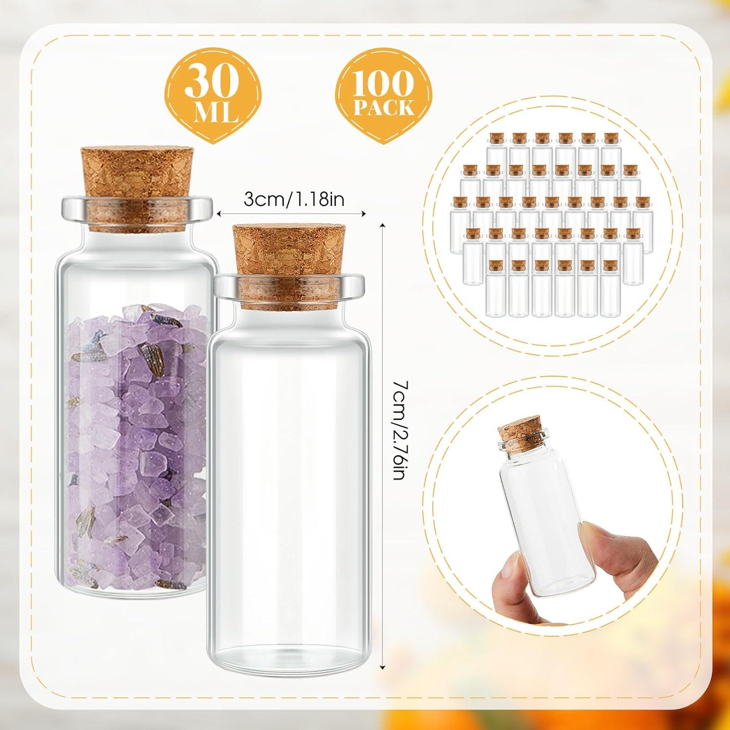 100 Mini Botellas de Vidrio 30ml con Tapones de Madera Gerrii