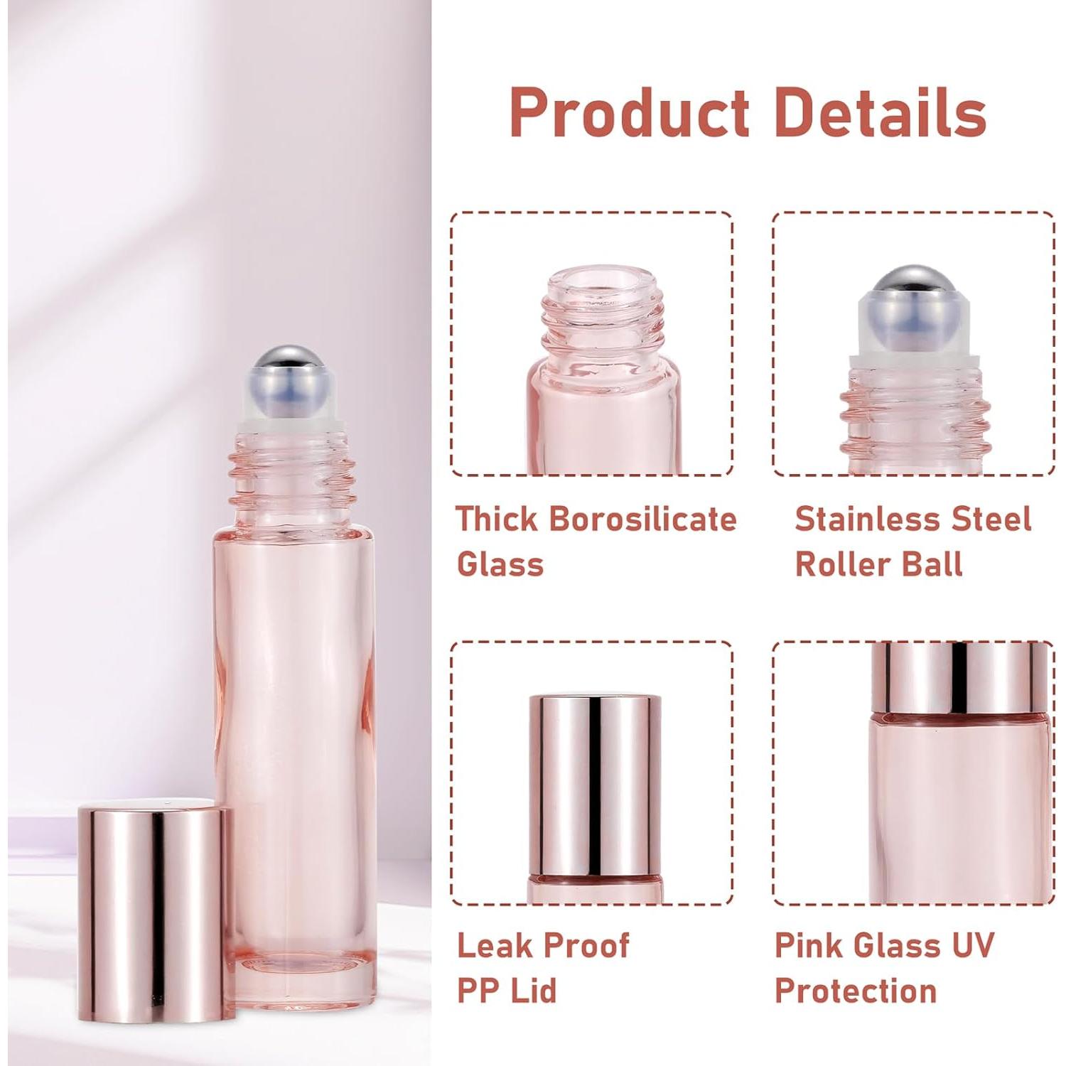 Set de 8 Botellas de Rodillo de Vidrio 10 ml Dorado Rosa