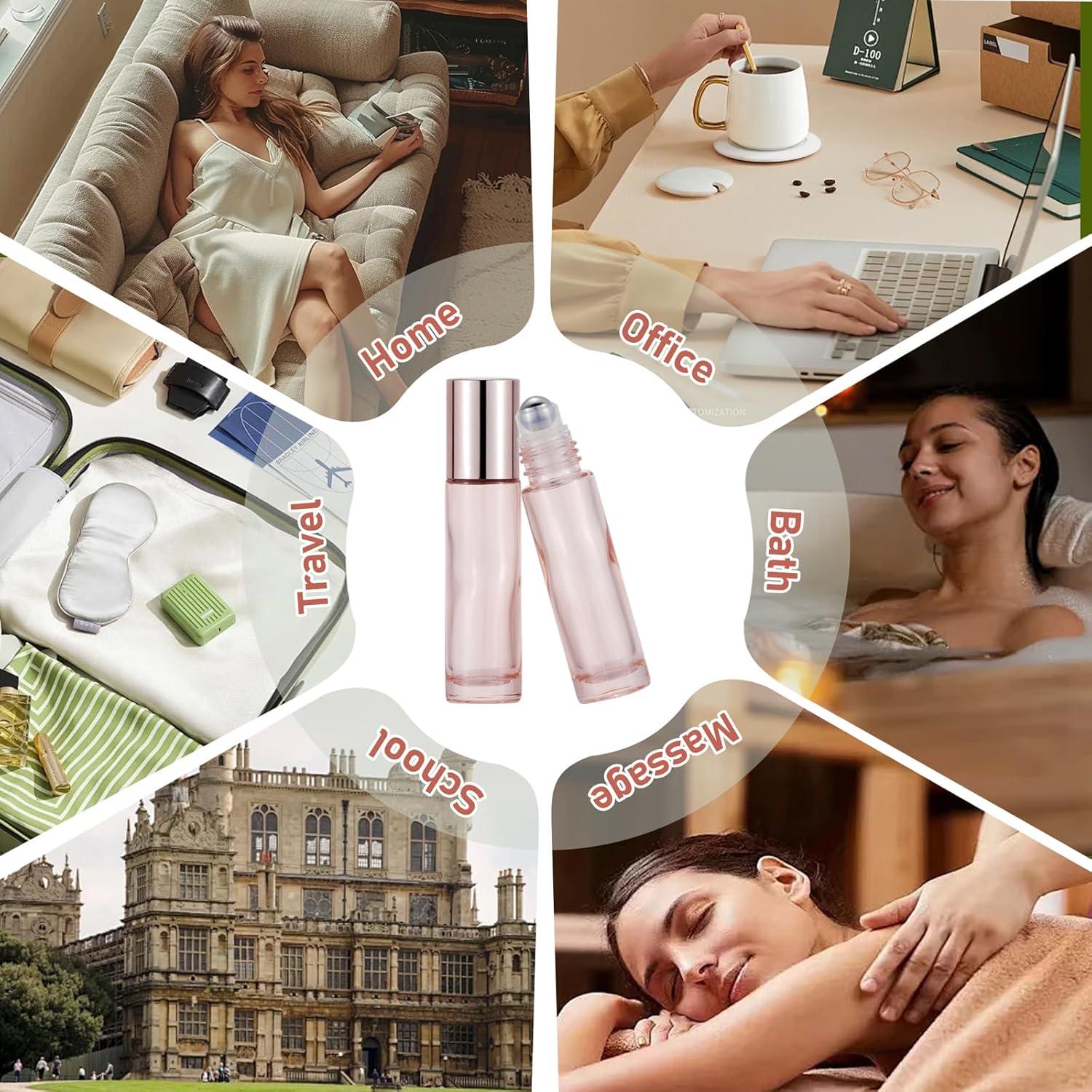 Set de 8 Botellas de Rodillo de Vidrio 10 ml Dorado Rosa