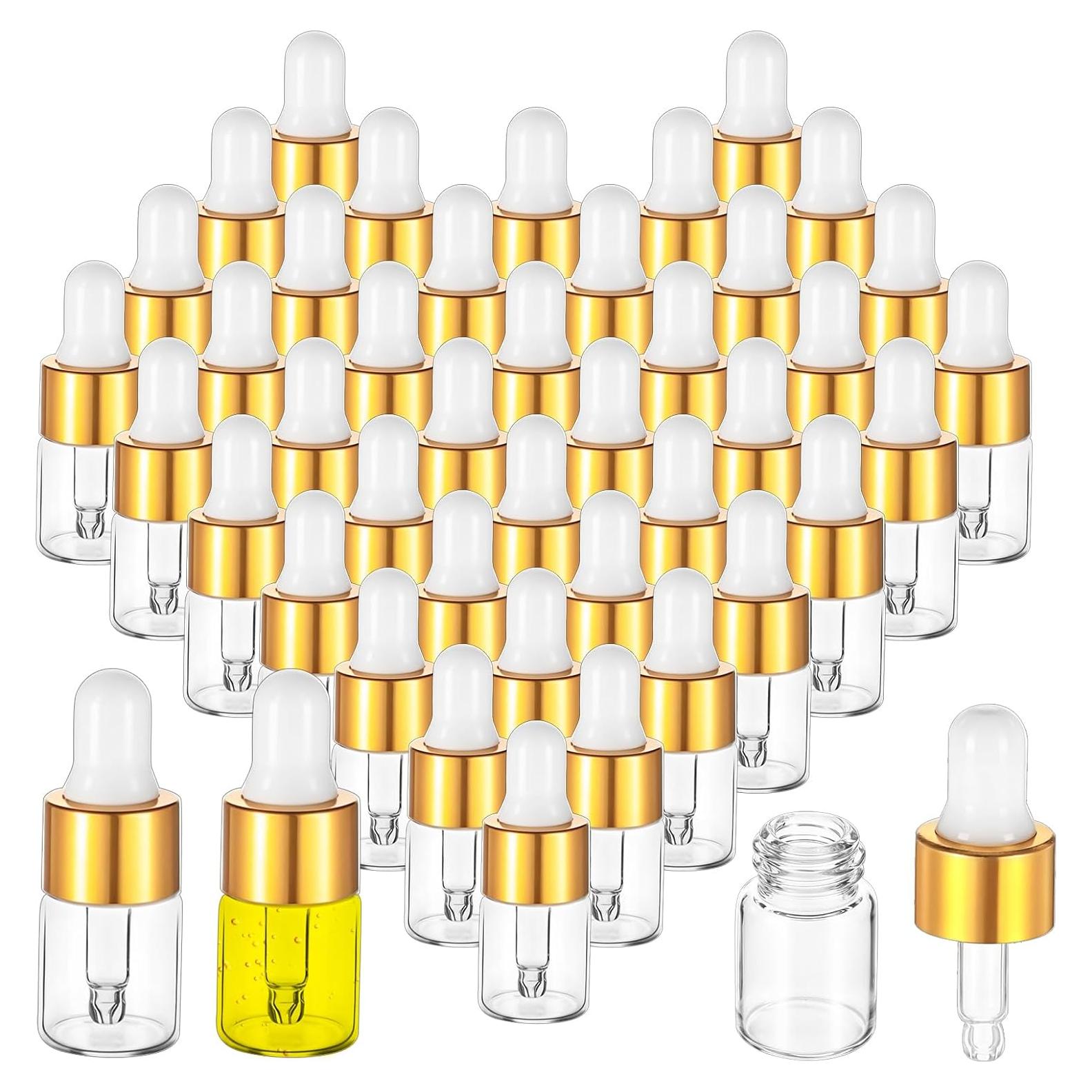 100 Mini Botellas de Vidrio con Cuentagotas 2 ml Dorado wutfuooo