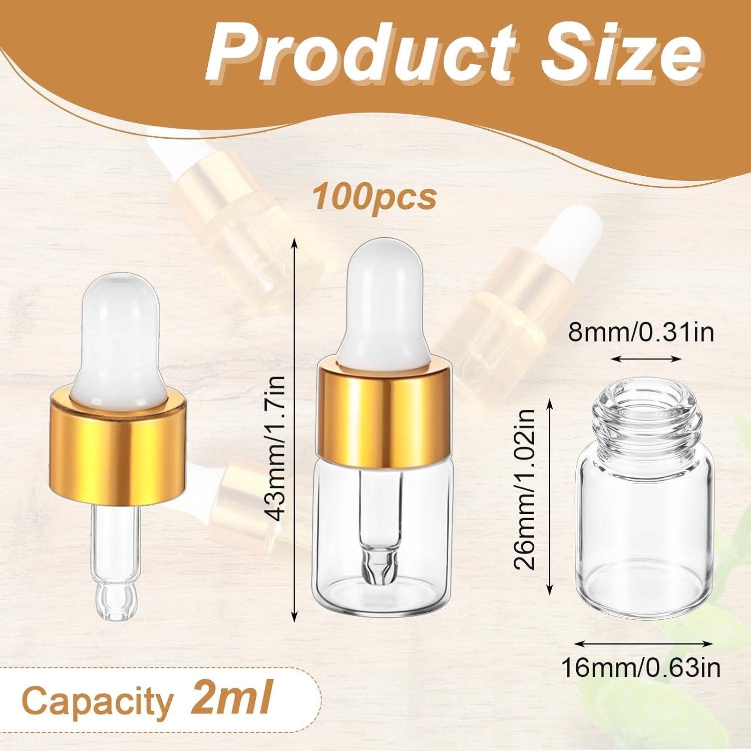 100 Mini Botellas de Vidrio con Cuentagotas 2 ml Dorado wutfuooo