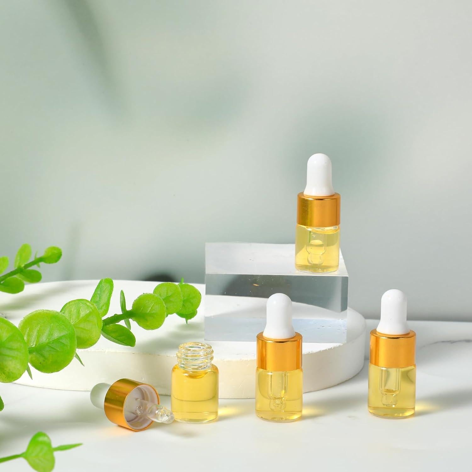 100 Mini Botellas de Vidrio con Cuentagotas 2 ml Dorado wutfuooo