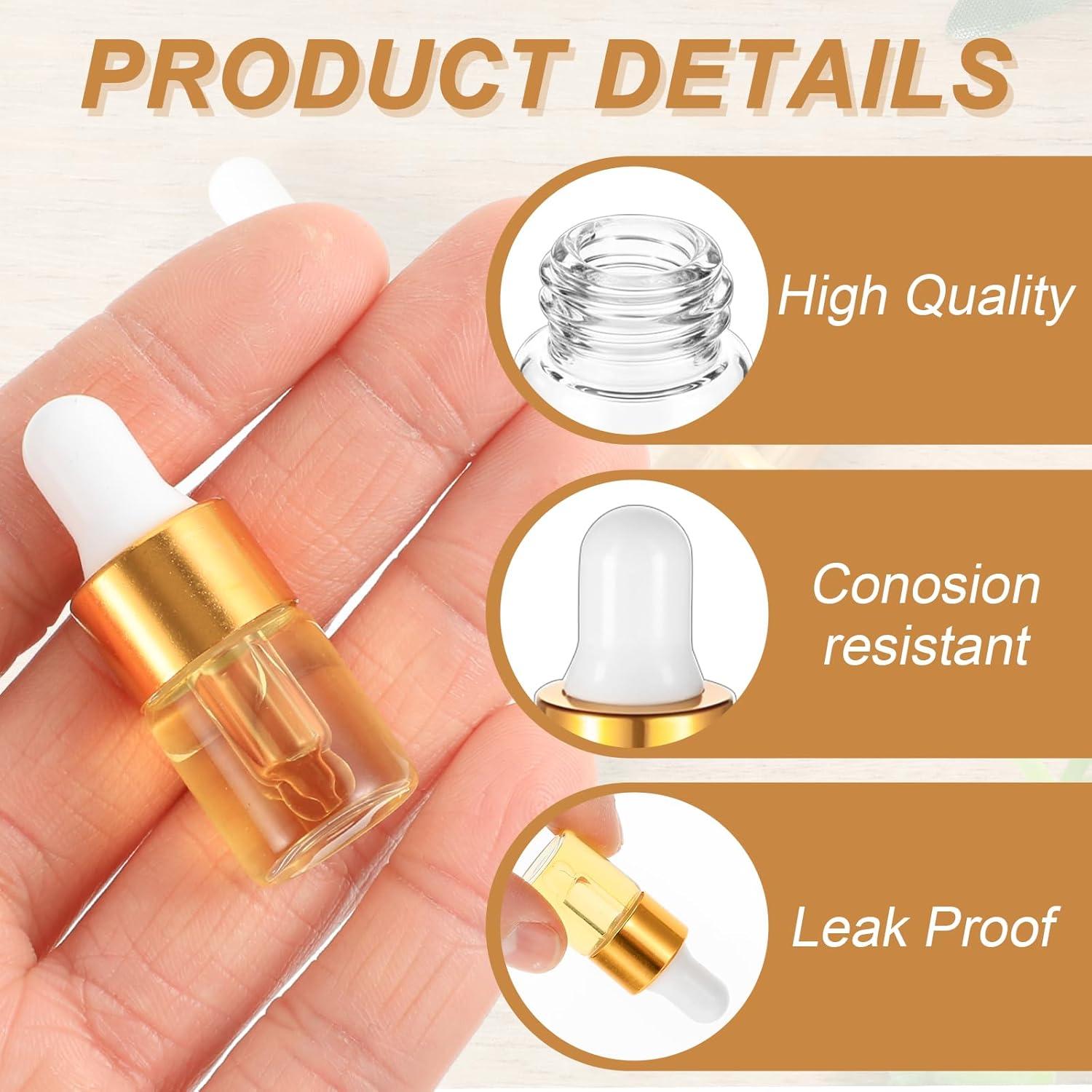 100 Mini Botellas de Vidrio con Cuentagotas 2 ml Dorado wutfuooo