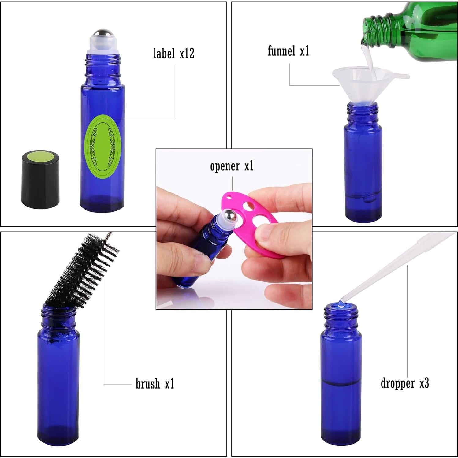 12 Botellas Roller de Vidrio Azul Cobalto 10ml inice