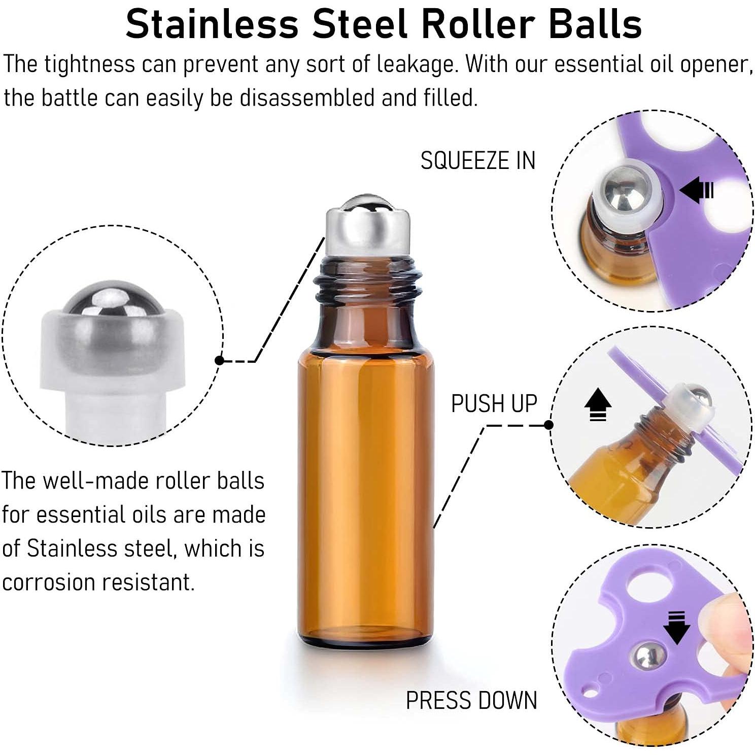 Set de 24 Botellas de Rodillo de Vidrio Ámbar 5ml con Accesorios