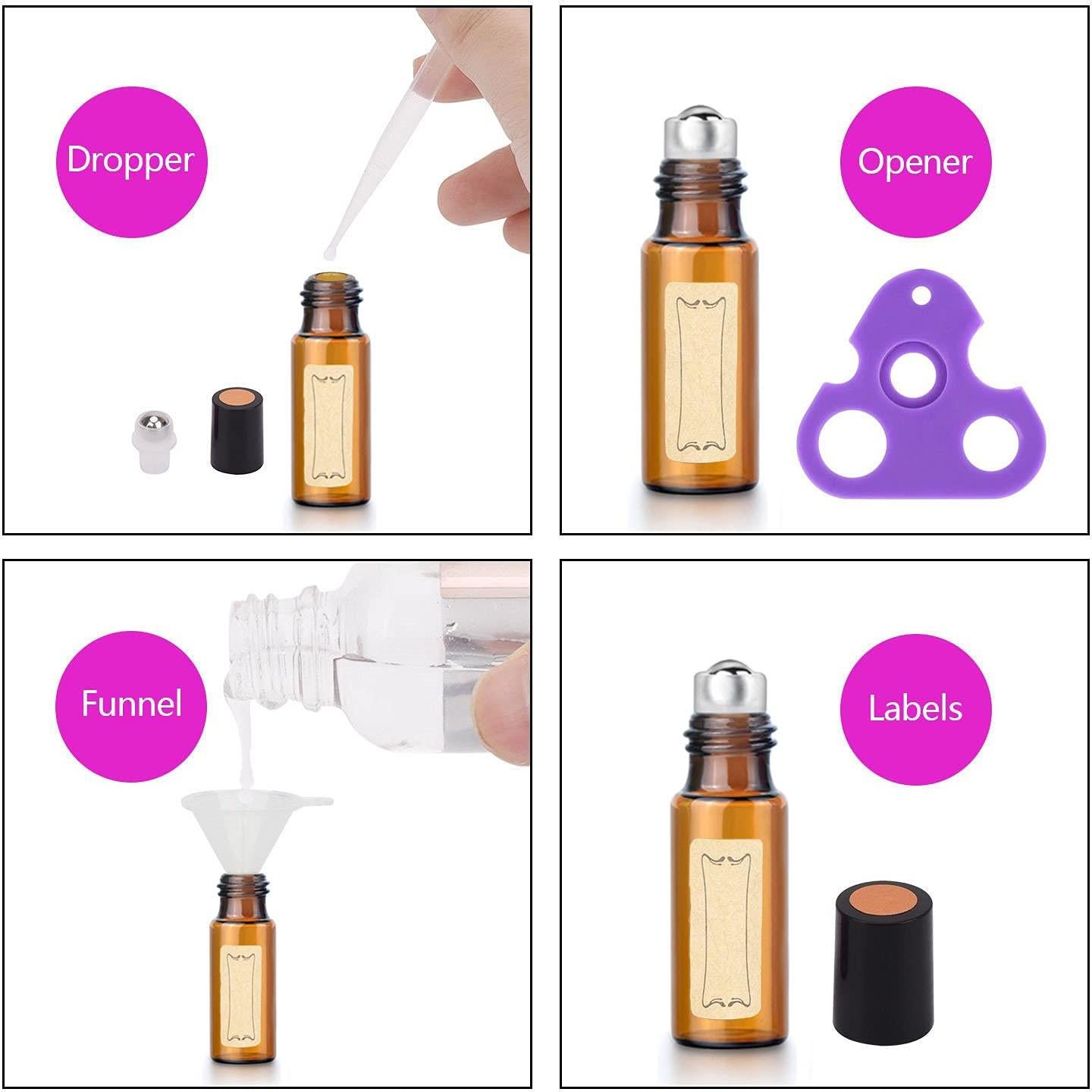 Set de 24 Botellas de Rodillo de Vidrio Ámbar 5ml con Accesorios