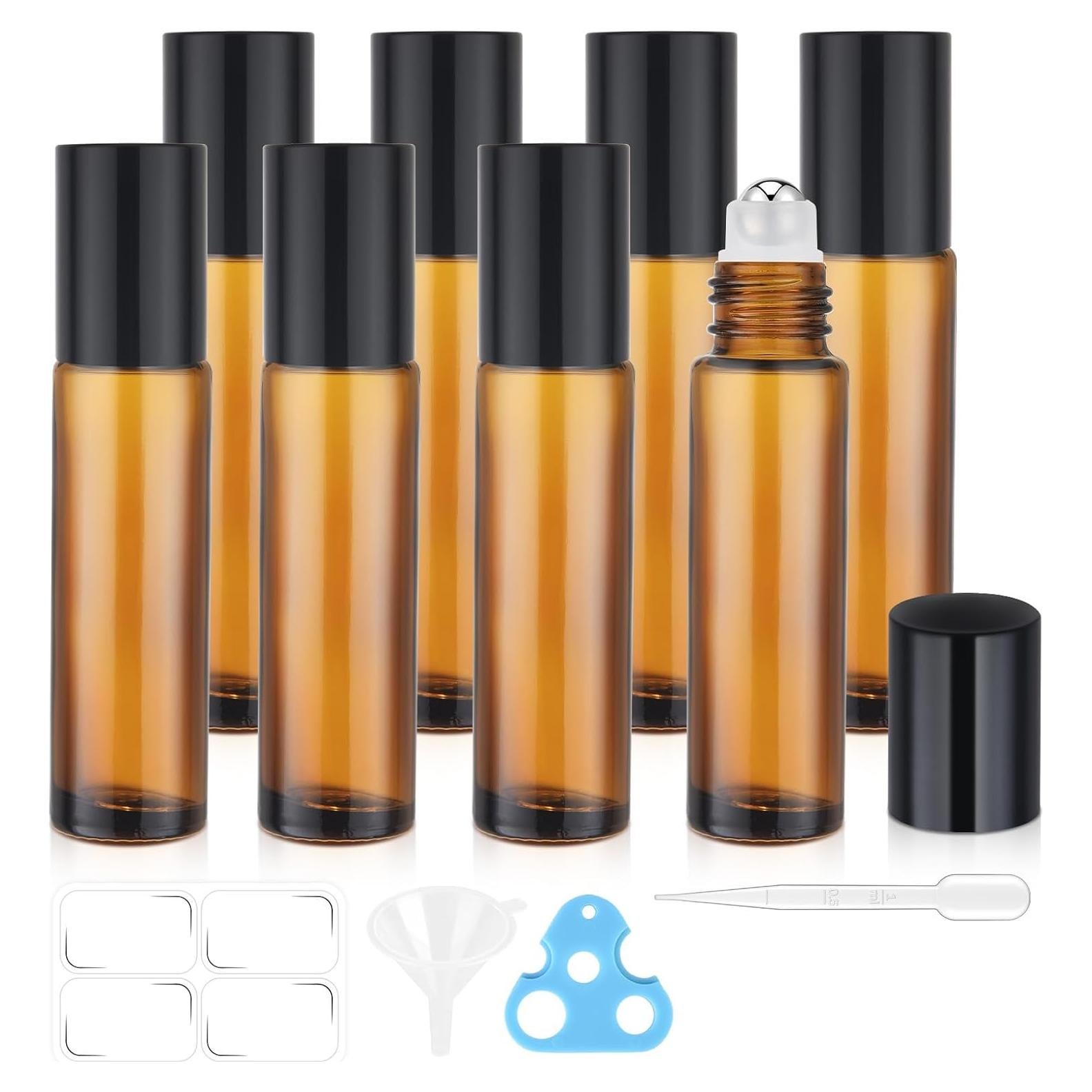 Paquete de 8 Botellas de Vidrio Ámbar 10ml Bofessor con Rodillo