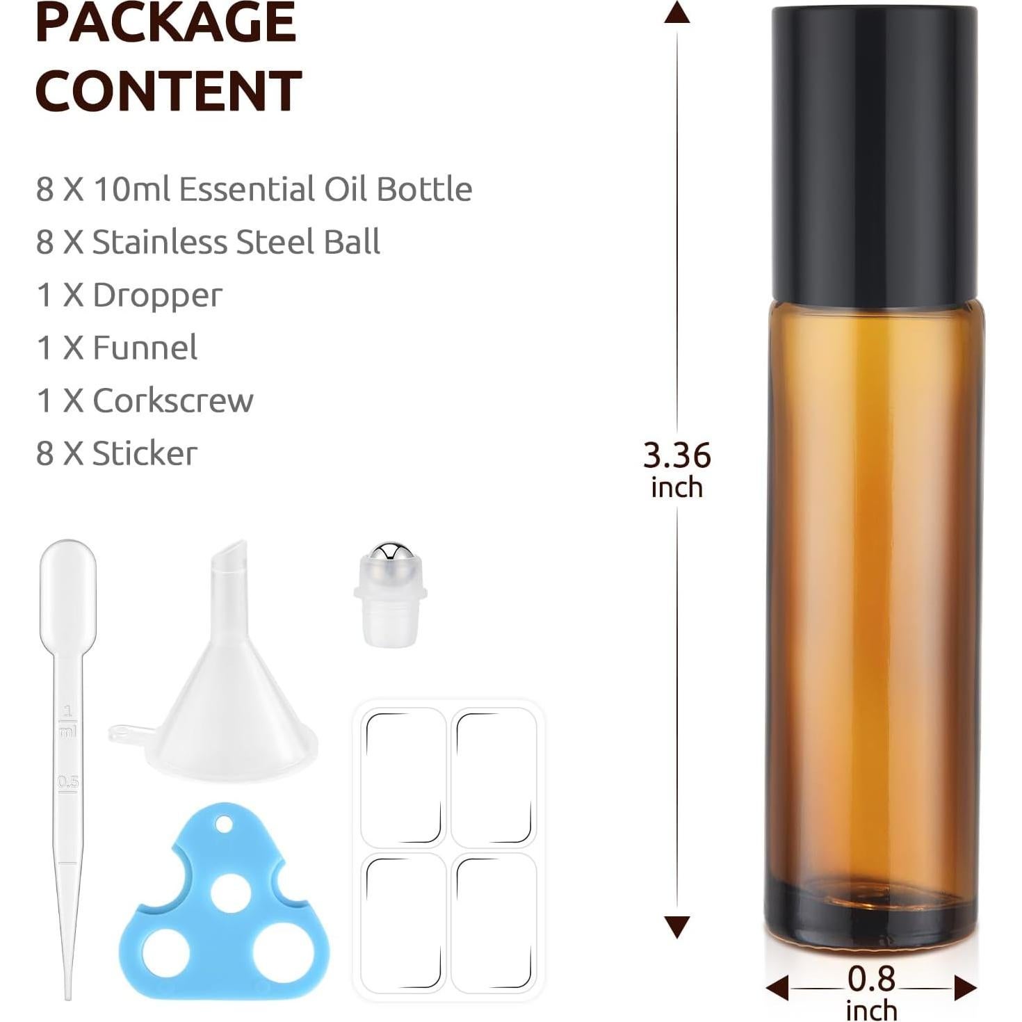 Paquete de 8 Botellas de Vidrio Ámbar 10ml Bofessor con Rodillo