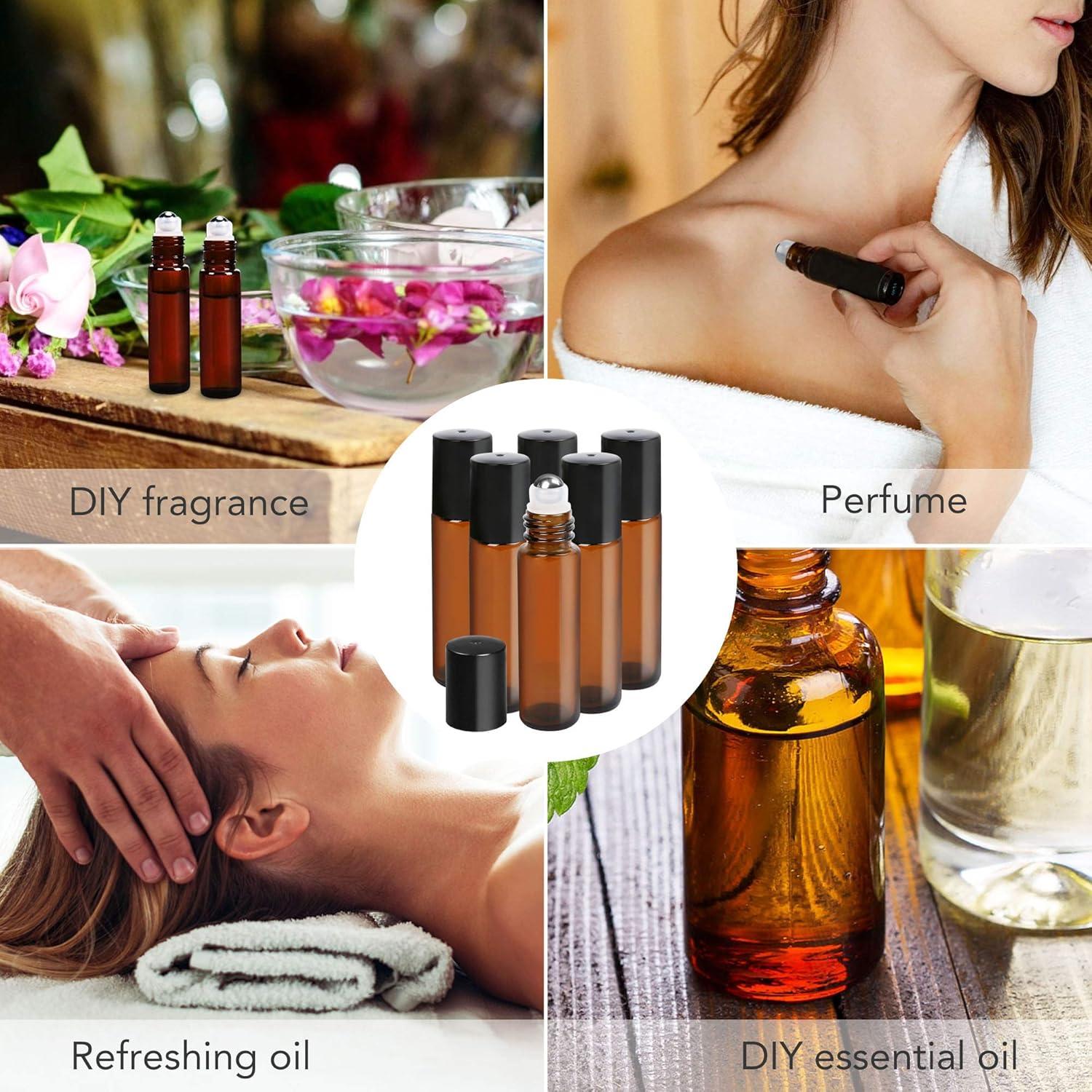 Botellas de Aceite Esencial LotFancy 6pc 10ml Ámbar con Rodillo