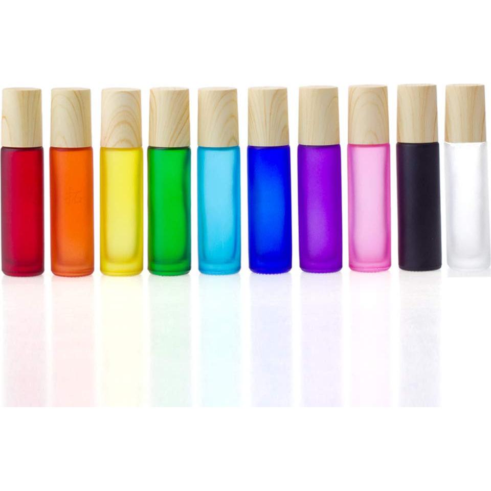 5 Botellas de Vidrio Esmerilado 10ml con Rodillo y Tapa de Madera