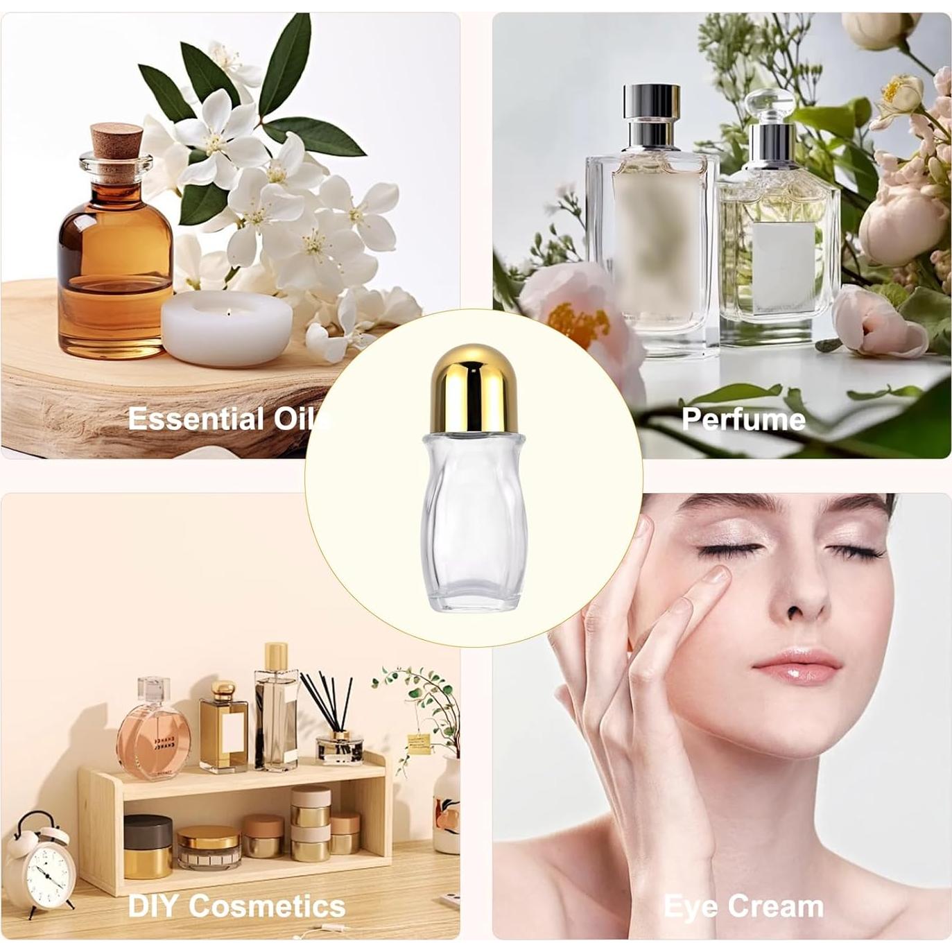 Paquete de 4 Botellas de Rodillo Vidrio 50mL Newzoll Doradas