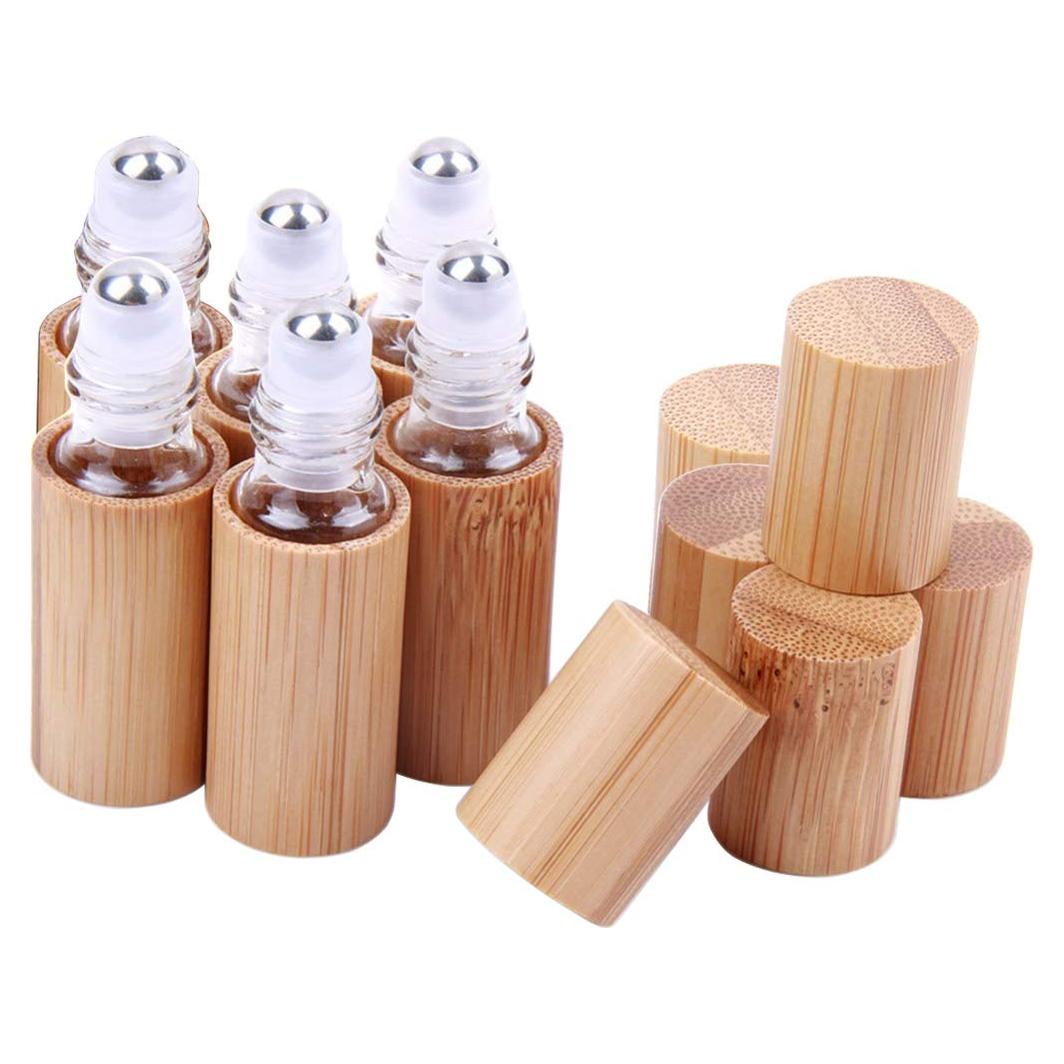 6 Botellas Roll On 5ml de Vidrio y Bambú para Aceites Esenciales