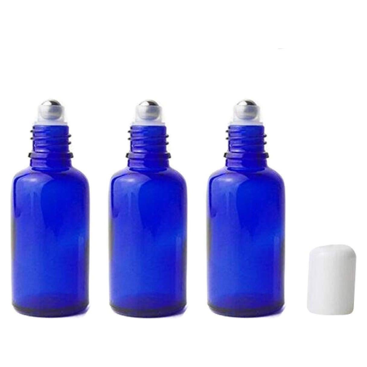 3 Botellas de Vidrio Azul 30ml con Rodillo Acero Inoxidable