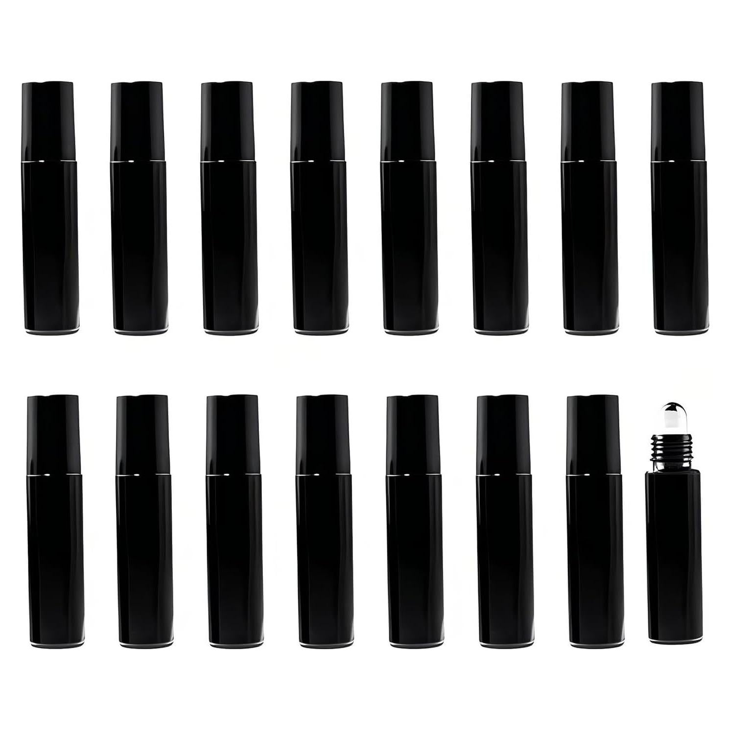 16 Botellas de Aceite Esencial Negras 10ml Doromy con Rodillo