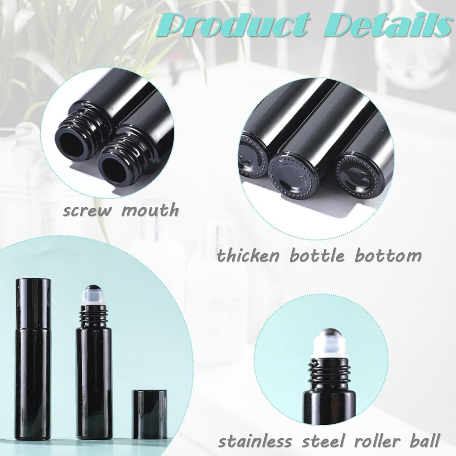 16 Botellas de Aceite Esencial Negras 10ml Doromy con Rodillo