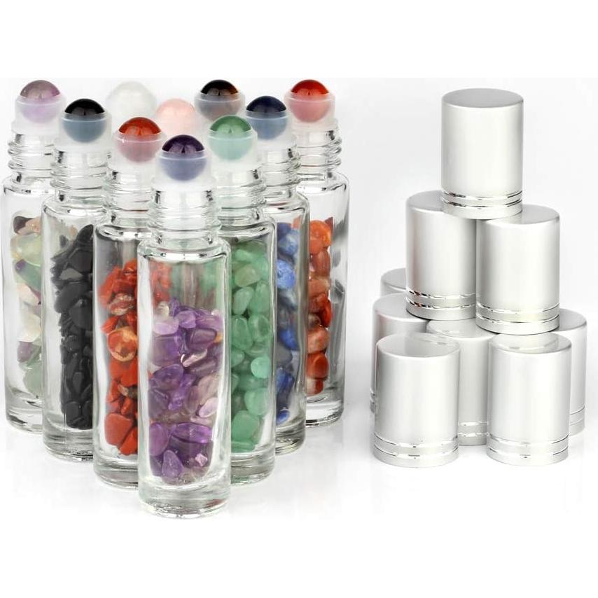 Botellas de Vidrio Transparente 10ml con Rodillos de Gema - 10 Pack