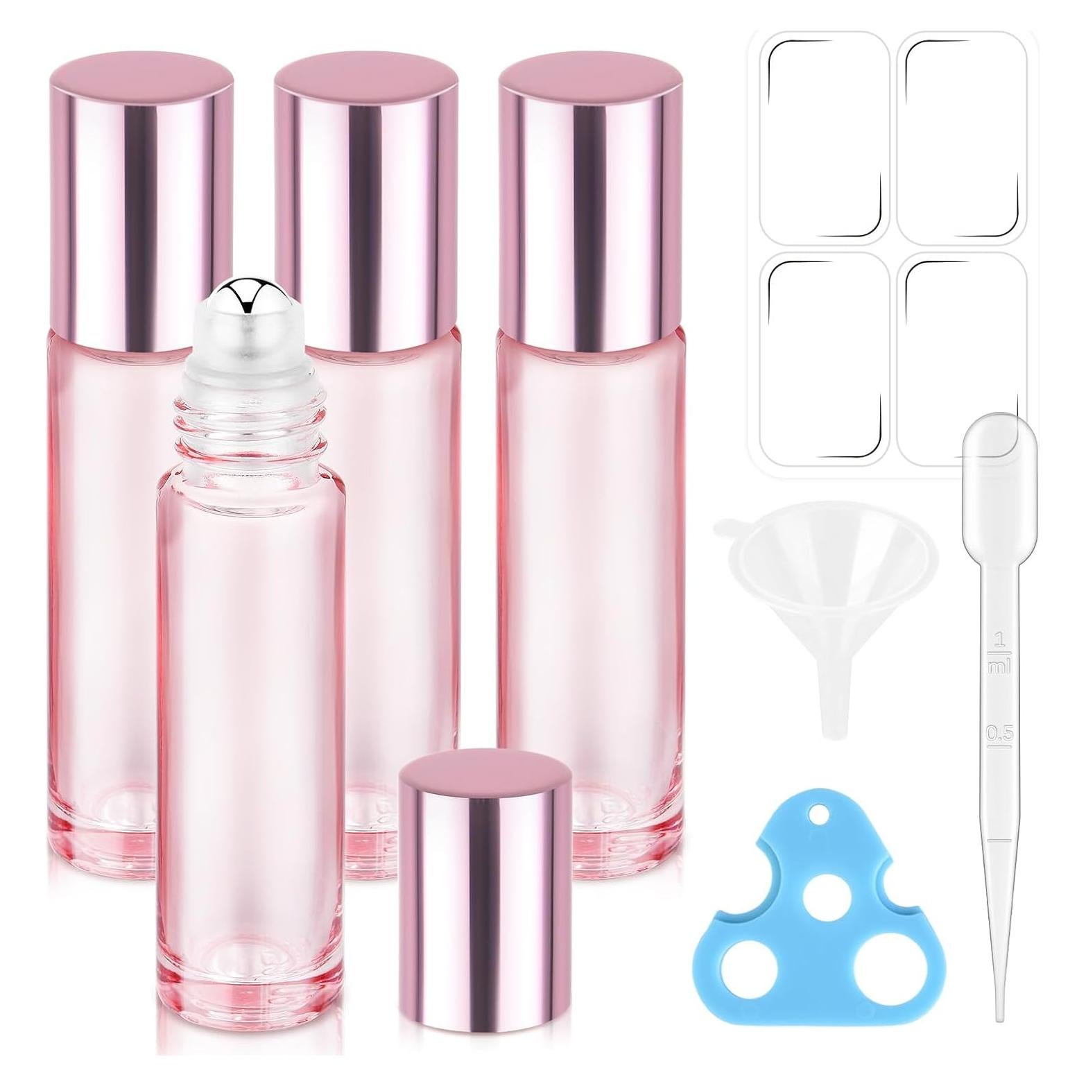4 Botellas Roller de Vidrio Rosa 10ml Bofessor Recargables