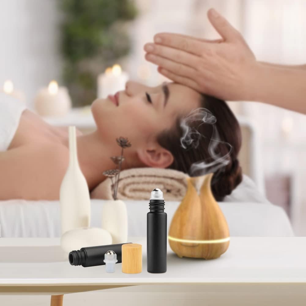 Botellas de vidrio negro esmerilado 10ml - 12pcs con tapa de bambú