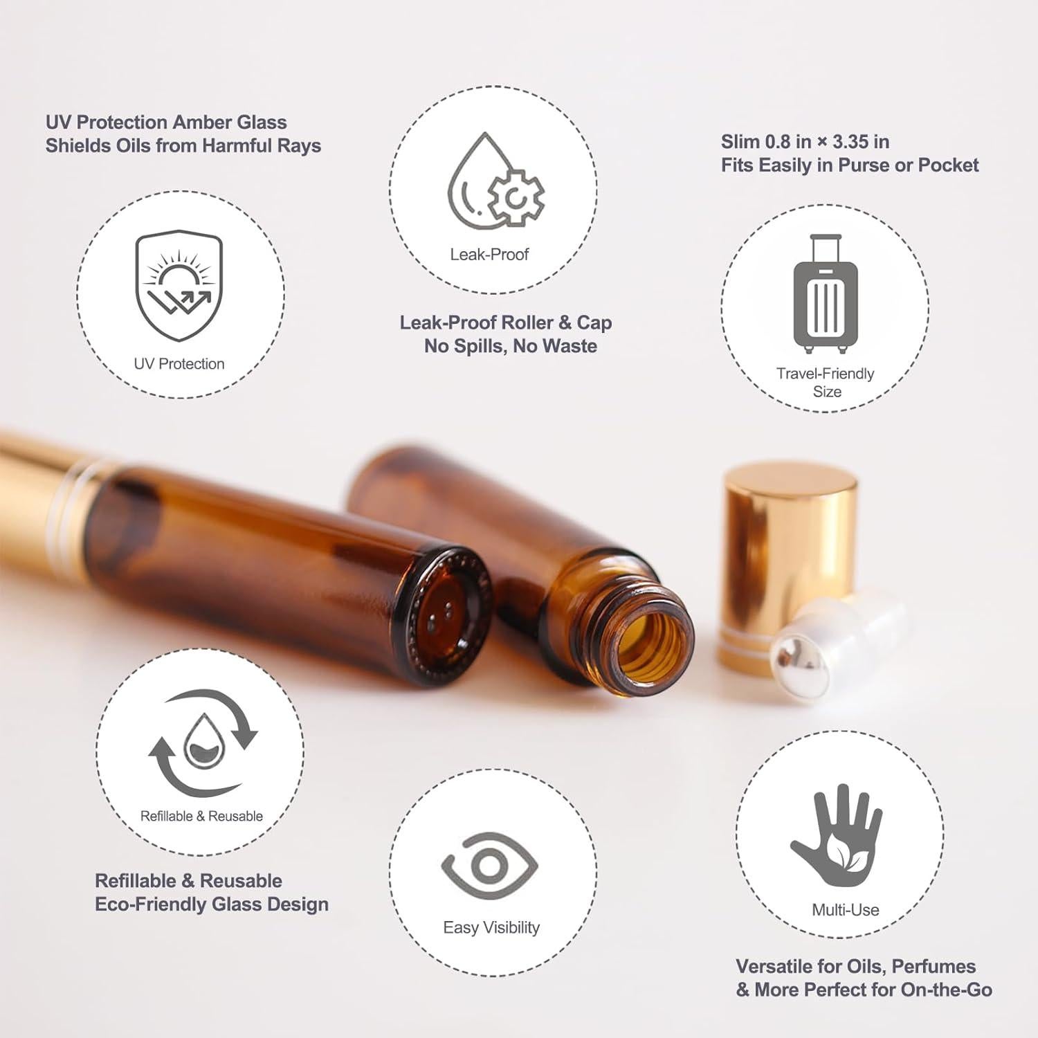 YOCASII 5 Botellas de Rodillo de Vidrio Ámbar 10ml para Aceites