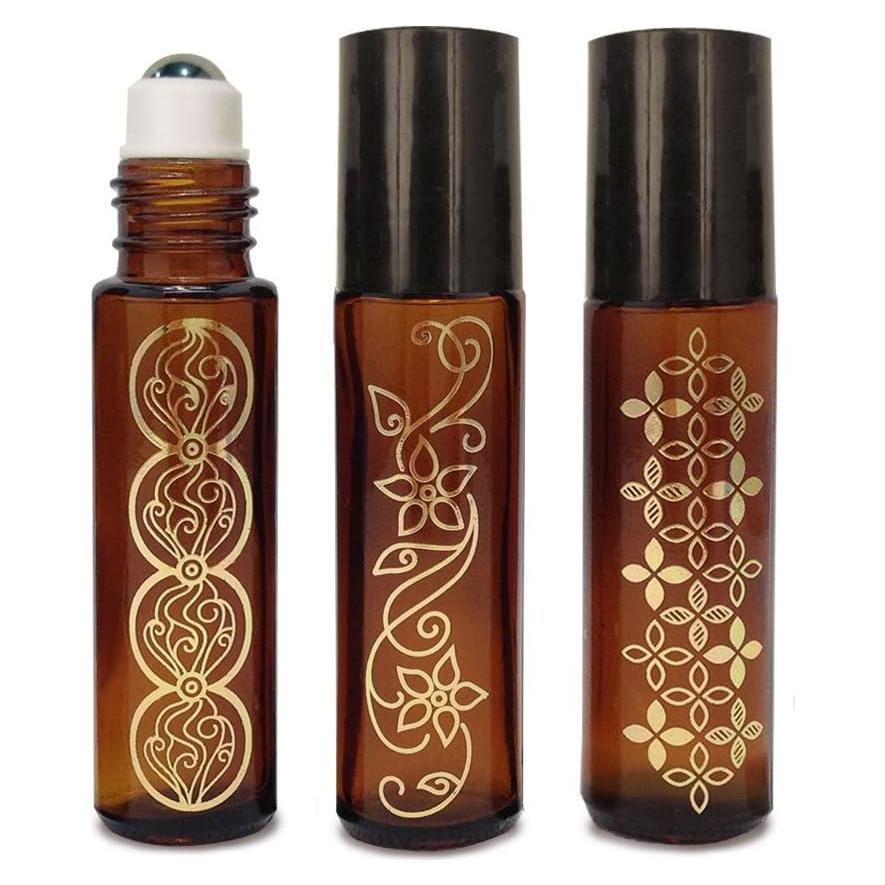 Set of 3 - Yasime 10ml Embellished Refillable Amber Brown Glass Roll On Bottle With Stainless Steel Ball for Perfume, Skin Care and Aromatherapy