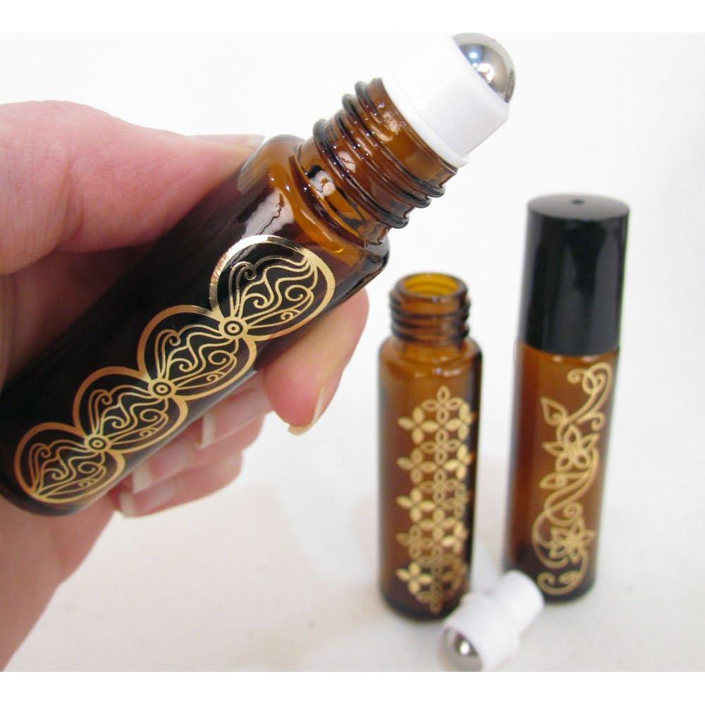 Set of 3 - Yasime 10ml Embellished Refillable Amber Brown Glass Roll On Bottle With Stainless Steel Ball for Perfume, Skin Care and Aromatherapy