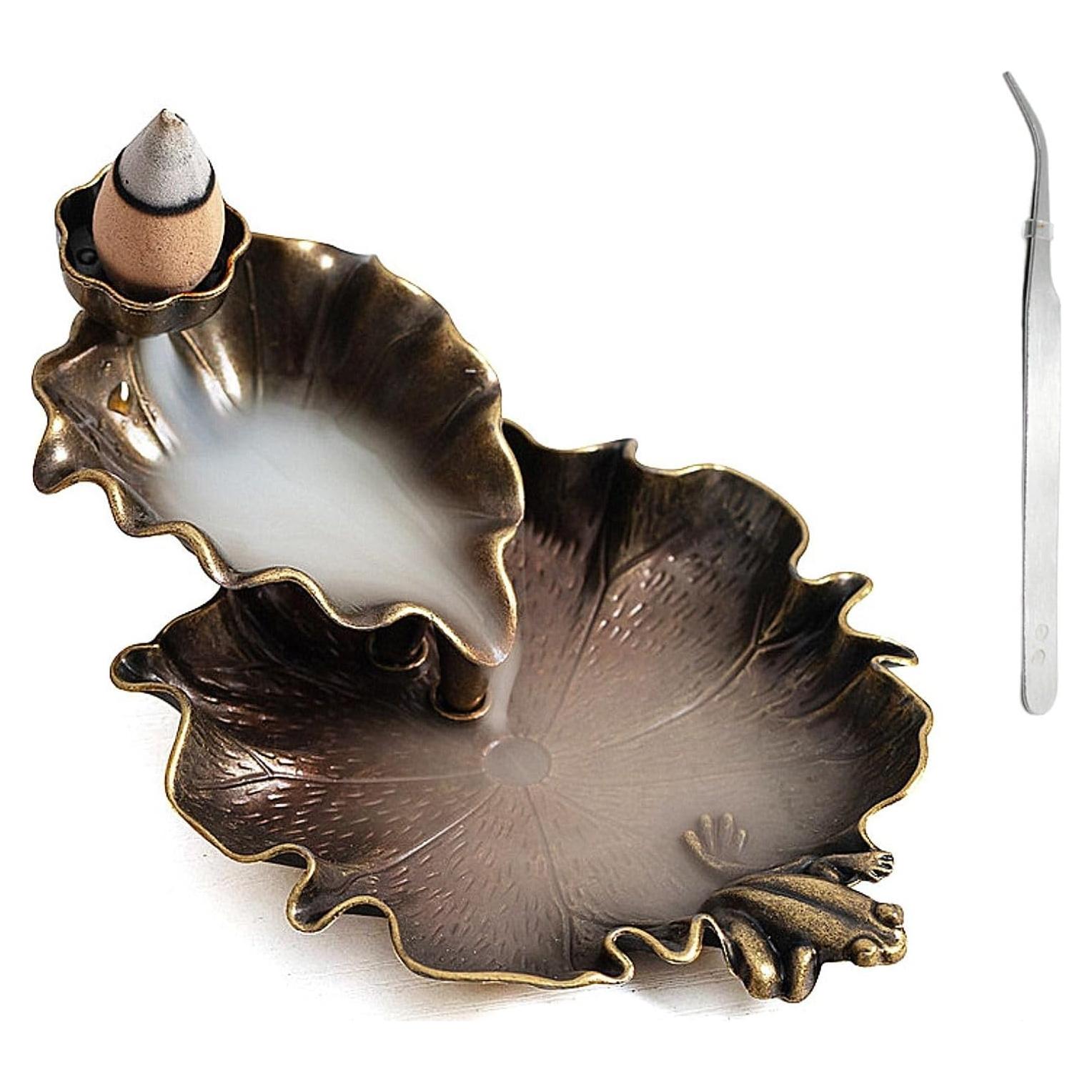 Soporte de Incienso de Cascada Loto y Rana Bronce 10 cm