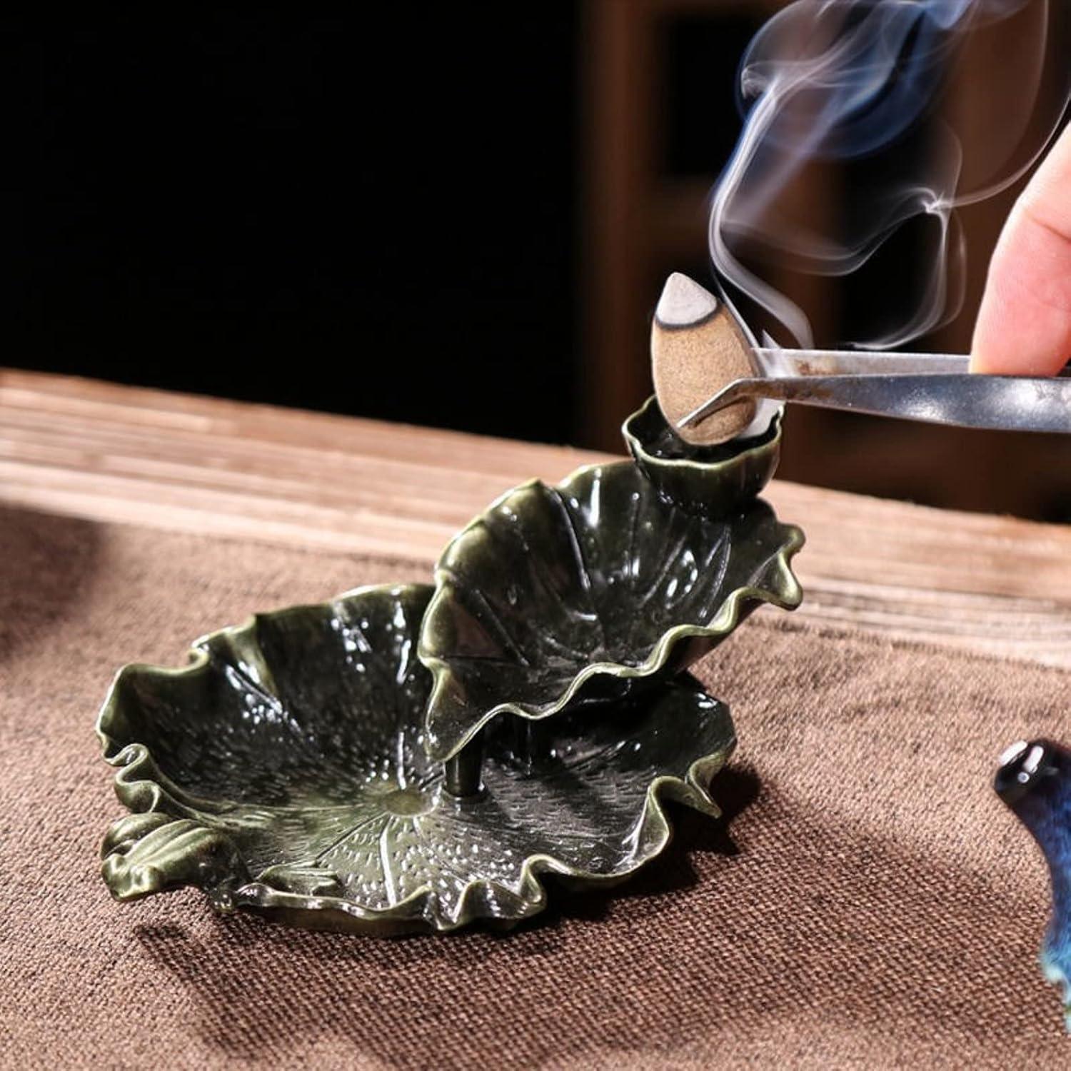 Soporte de Incienso de Cascada Loto y Rana Bronce 10 cm