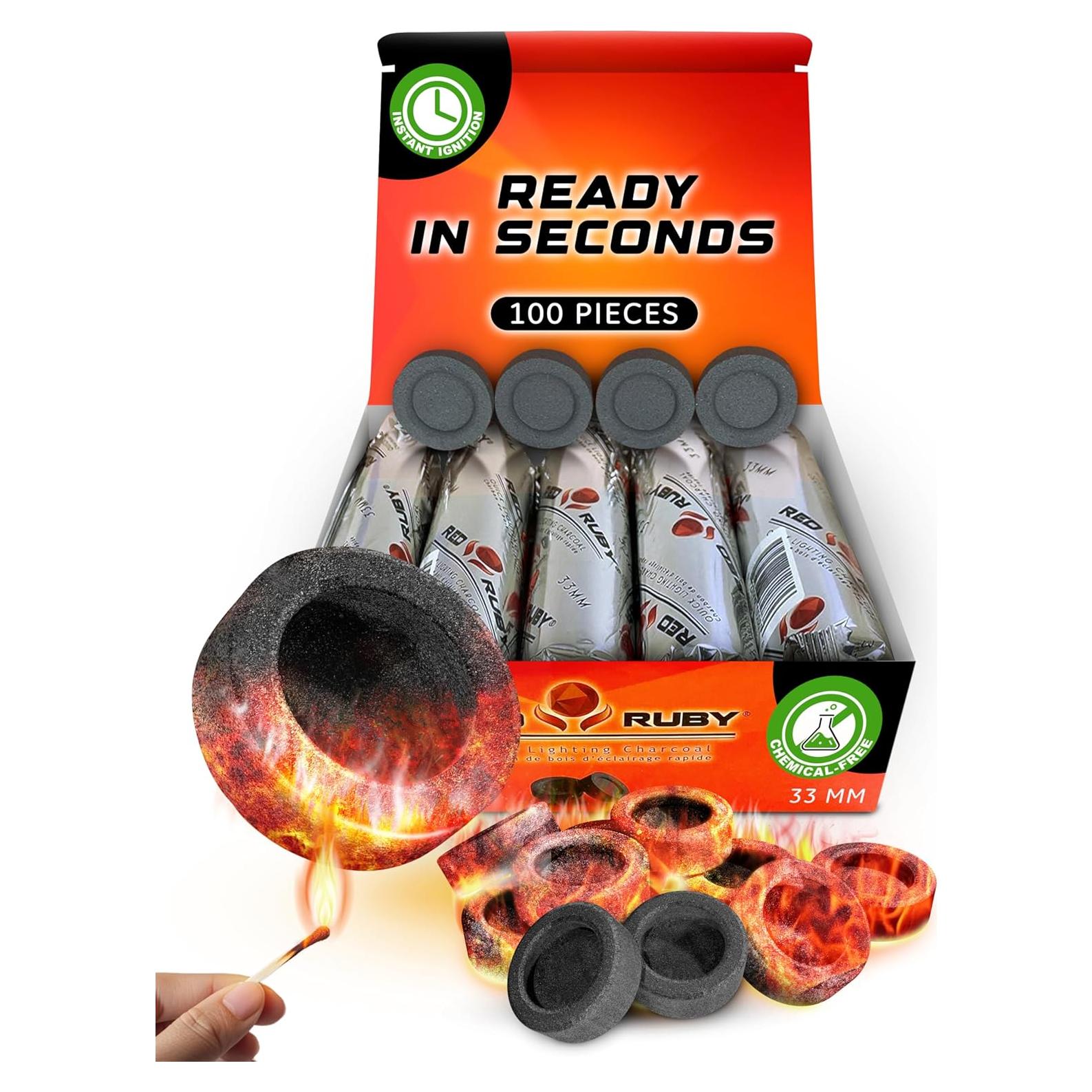 Discos de Carbón Rubí Rojo - 100 Tabletas - Encendido Rápido