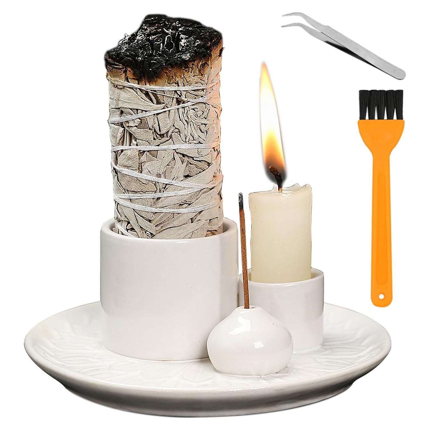 Soporte de Incienso y Vela Cerámico YIENENG 4 en 1 Blanco