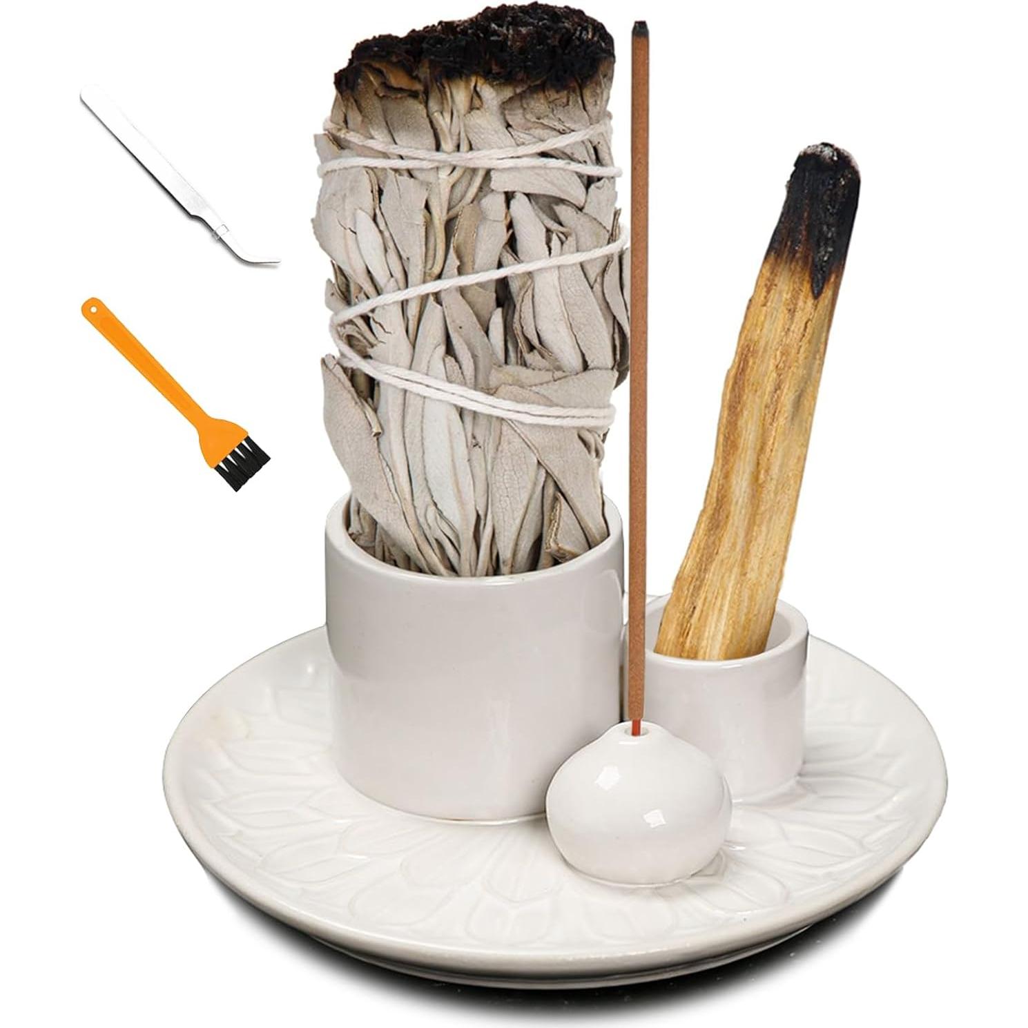 Soporte de Incienso y Vela Cerámico YIENENG 4 en 1 Blanco