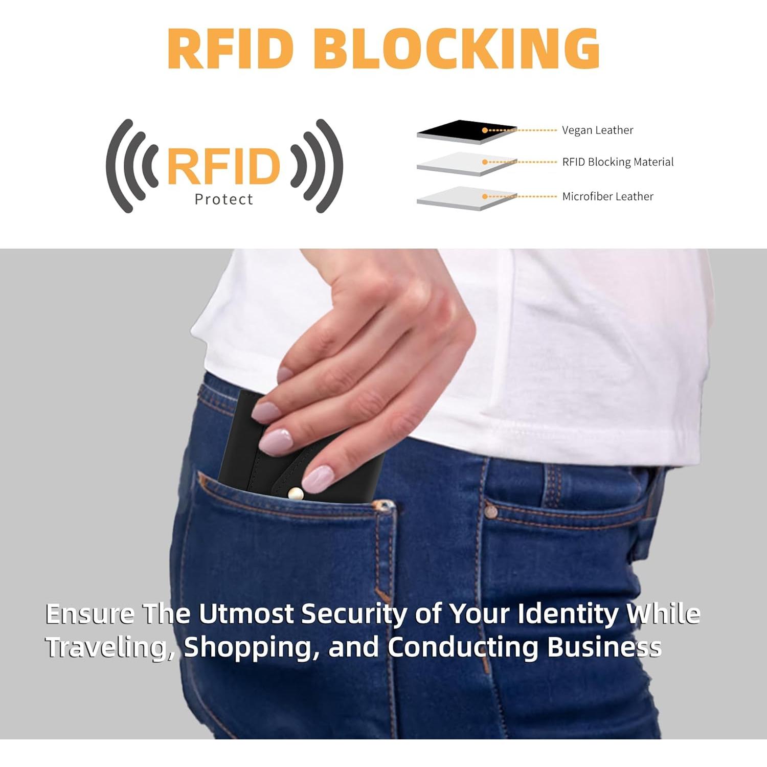 Billetera para Mujeres Gostwo RFID Trifold Negra con Llavero