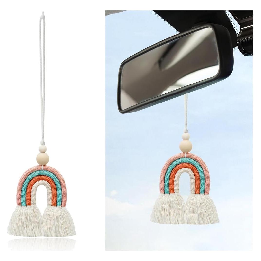 Encanto de Coche de Arcoíris KVAEY, Macramé 31.5x6.2cm