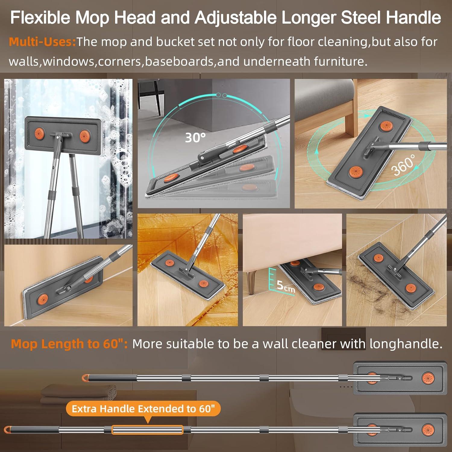 Juego de trapeador y cubo JUDRDO 155 cm con 4 almohadillas