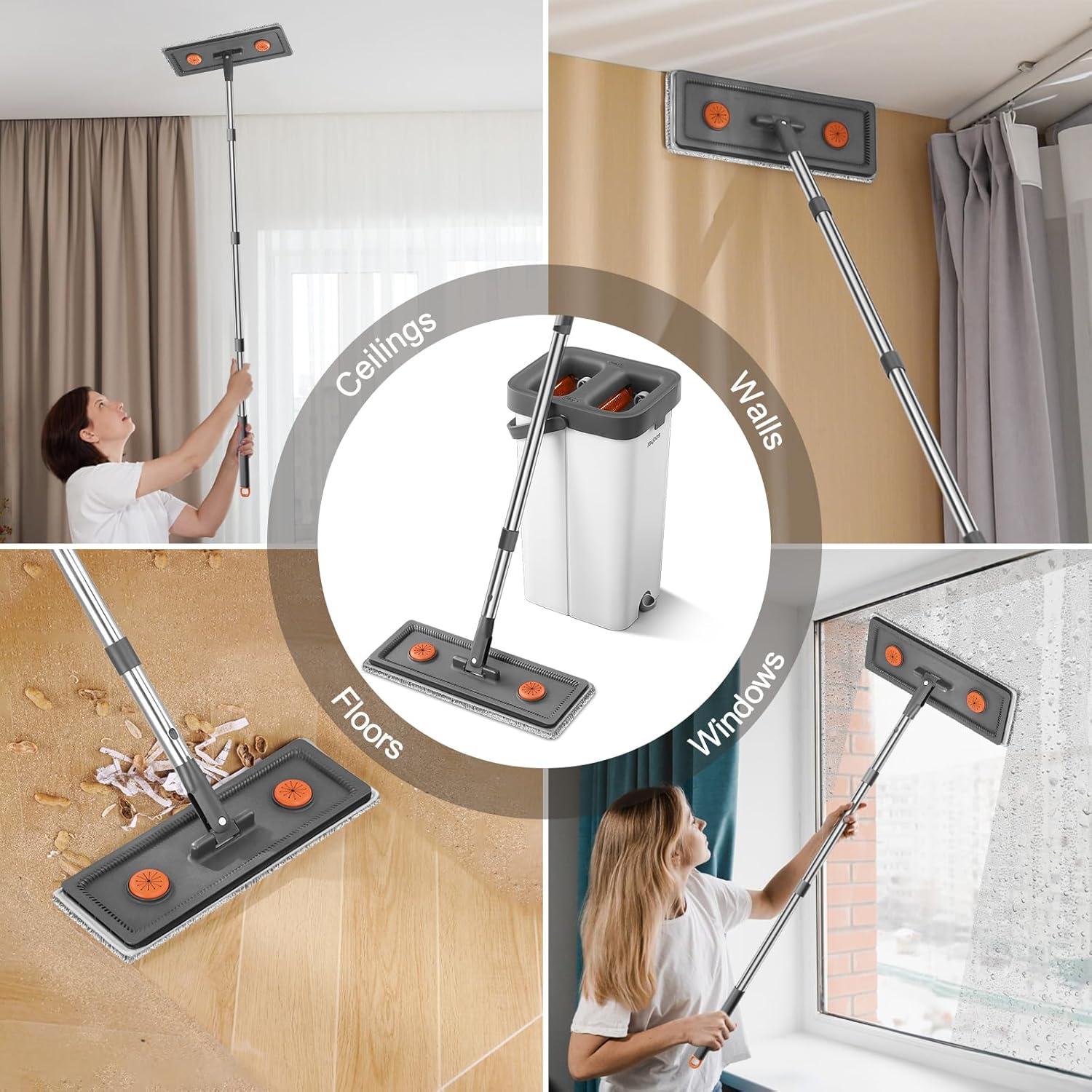 Juego de trapeador y cubo JUDRDO 155 cm con 4 almohadillas