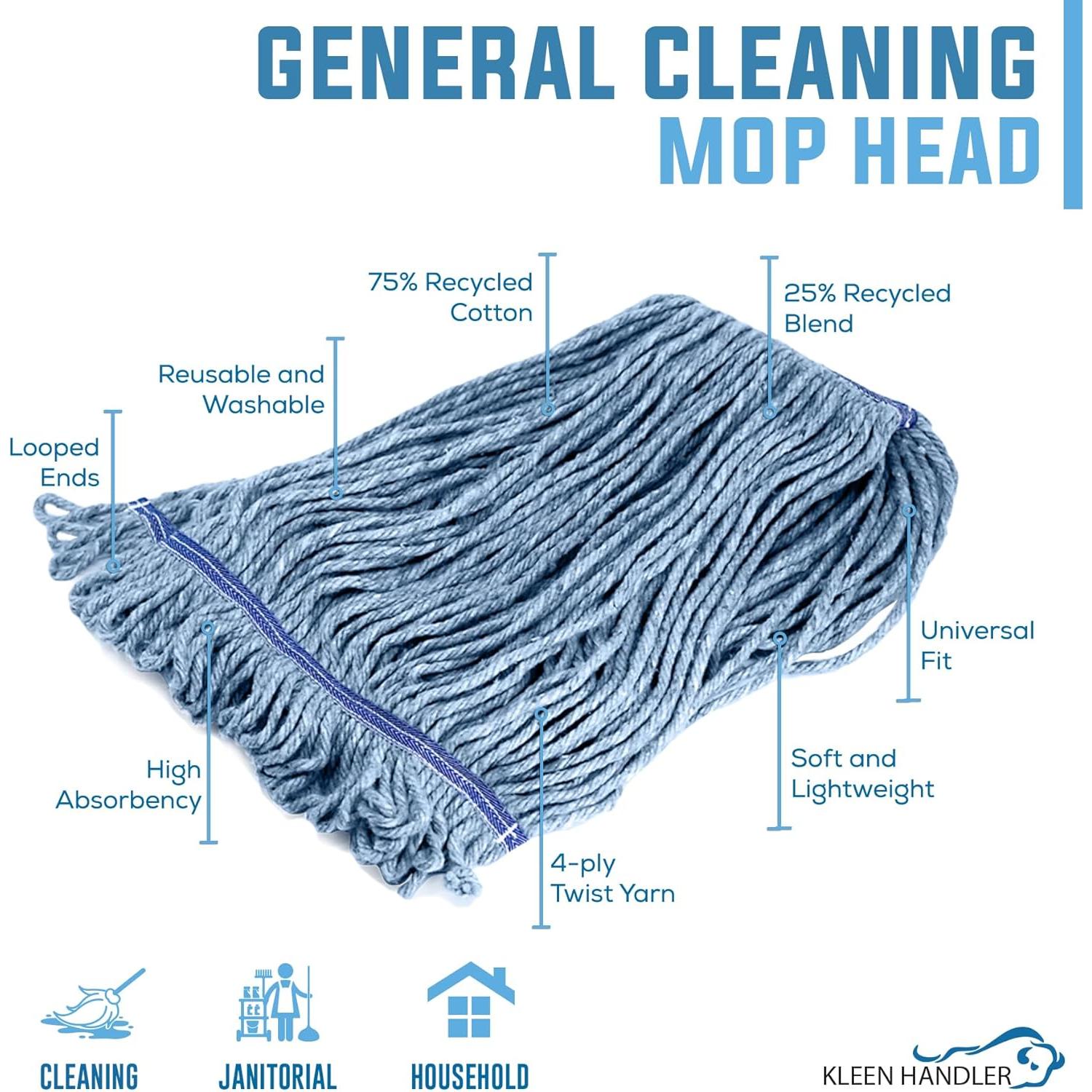 Mop KLEEN HANDLER Heavy Duty Reemplazo Algodón Azul Paquete 3