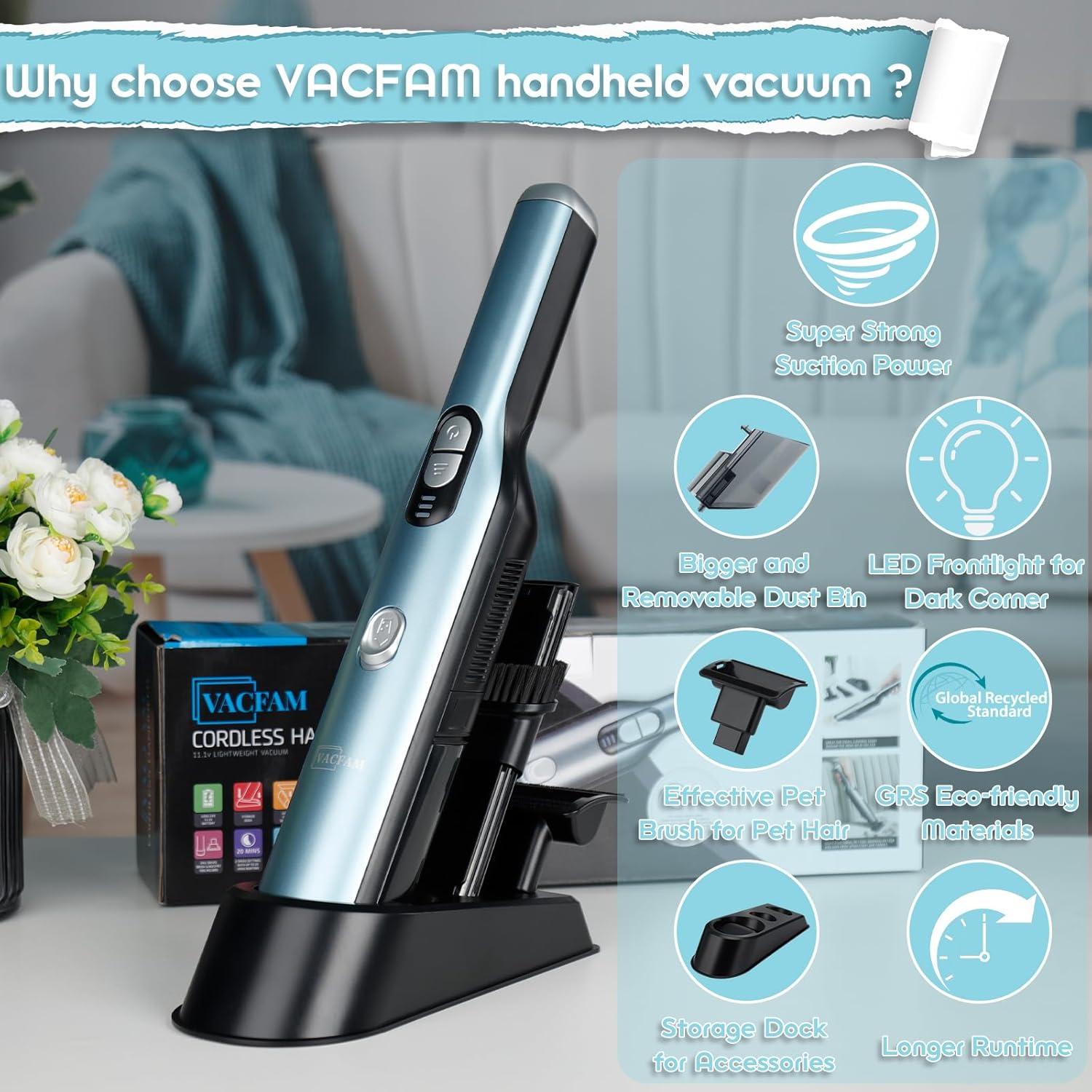 Handheld Cordless Vacuum Cleaner, Portable Car Vacuum with 18KPa Suction Power,Quick-Charge Hand Vac with LED Headlight & Storage Dock, Dust Buster for Home Office Desk Keyboards Pet Hair, Blue