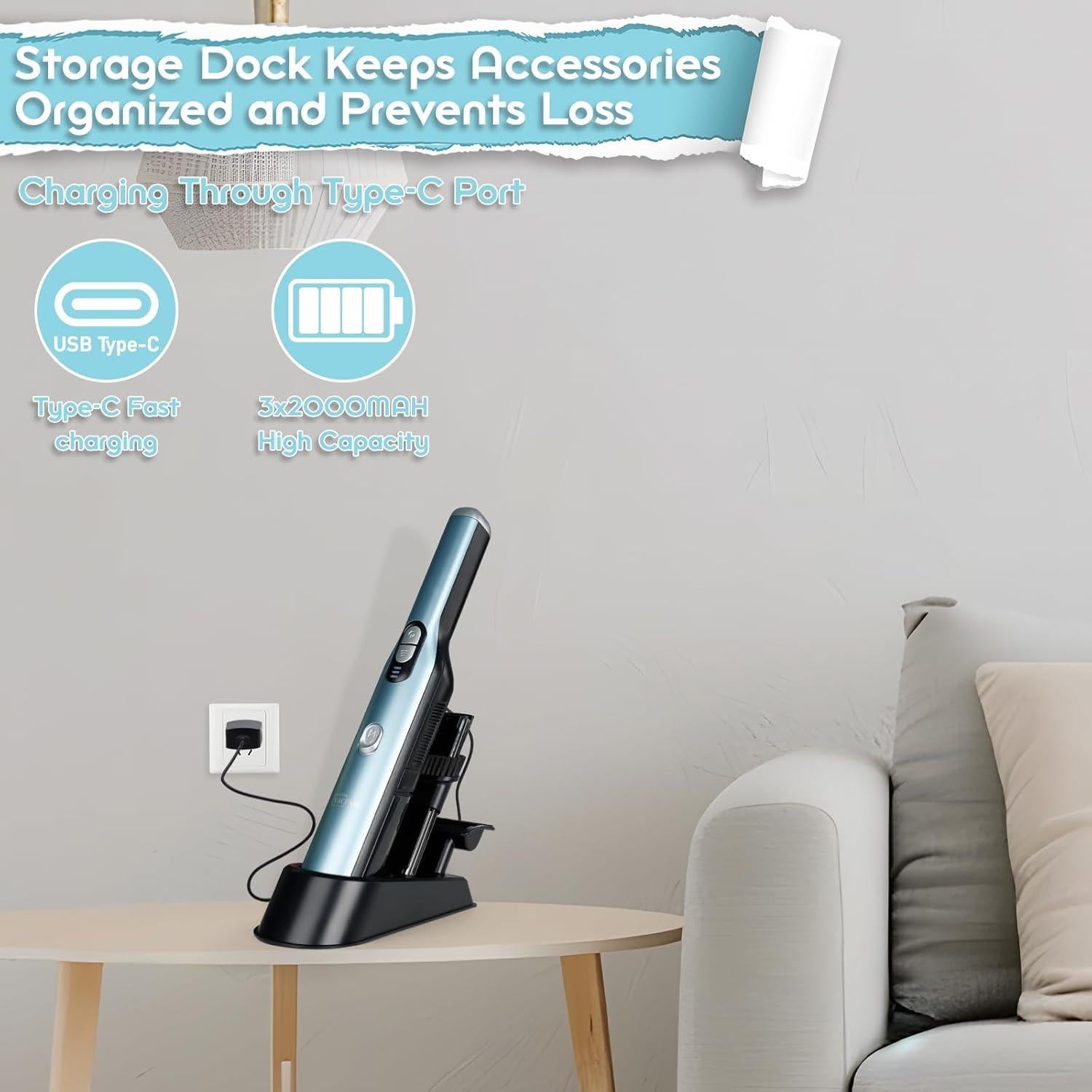 Handheld Cordless Vacuum Cleaner, Portable Car Vacuum with 18KPa Suction Power,Quick-Charge Hand Vac with LED Headlight & Storage Dock, Dust Buster for Home Office Desk Keyboards Pet Hair, Blue