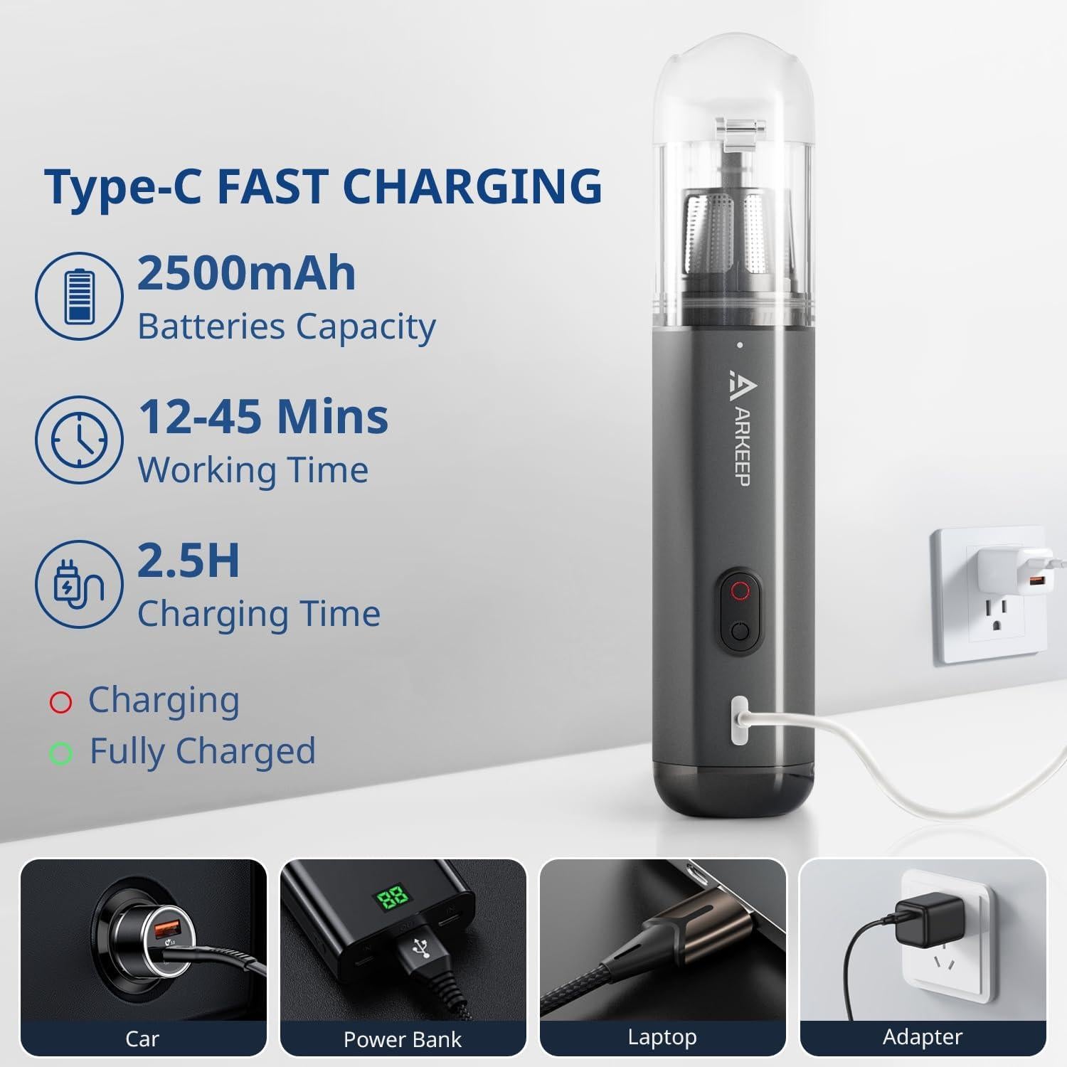 Aspiradora de Coche ARKEEP Inalámbrica 15KPa con Filtro HEPA